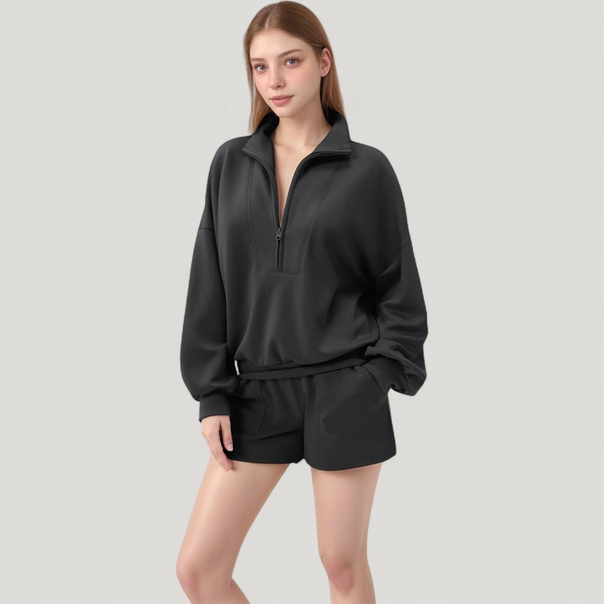 Women's Long Sleeve Woven Half Zip Pullover Top with Stand Collar and Elastic Cuffs sold by Anna-Kaci product image thumbnail 2