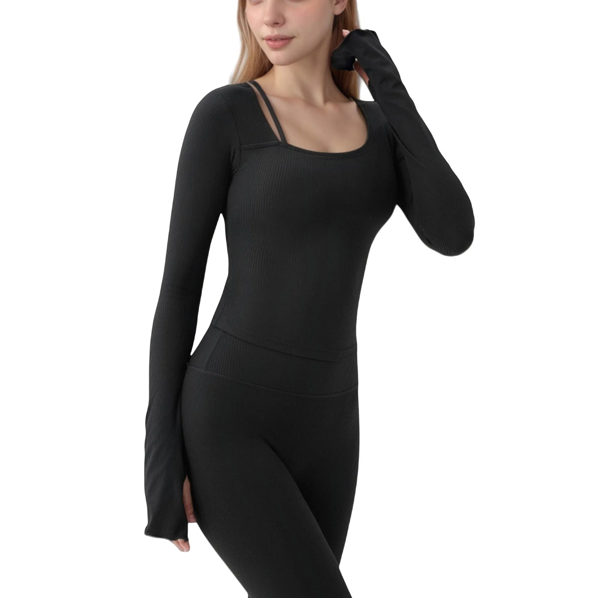 Anna-Kaci Active Women's Long Sleeve Ribbed Knit Fitted Top with Asymmetrical Neckline and Thumbhole Cuffs sold by Anna-Kaci