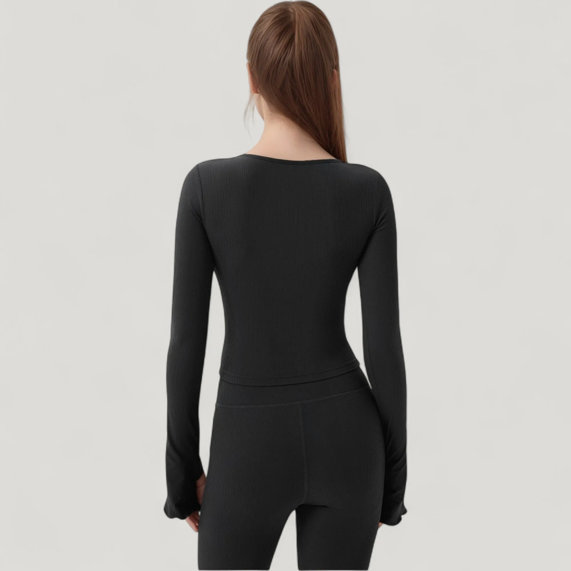 Anna-Kaci Active Women's Long Sleeve Ribbed Knit Fitted Top with Asymmetrical Neckline and Thumbhole Cuffs sold by Anna-Kaci product image thumbnail 3