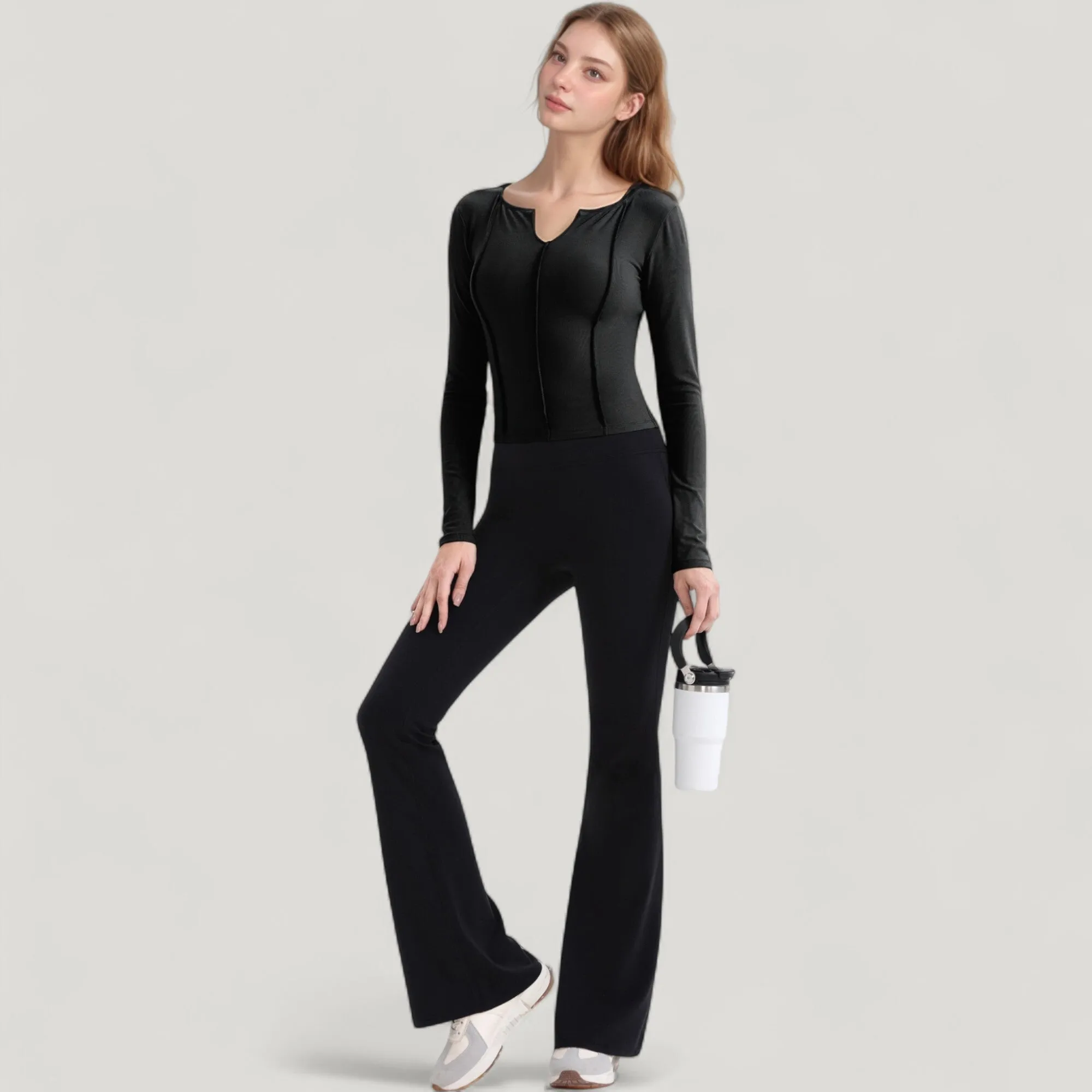 Anna-Kaci Active Women's Long Sleeve Fitted Athletic Top with Notch Neckline and Contoured Seams sold by Anna-Kaci product image thumbnail 5