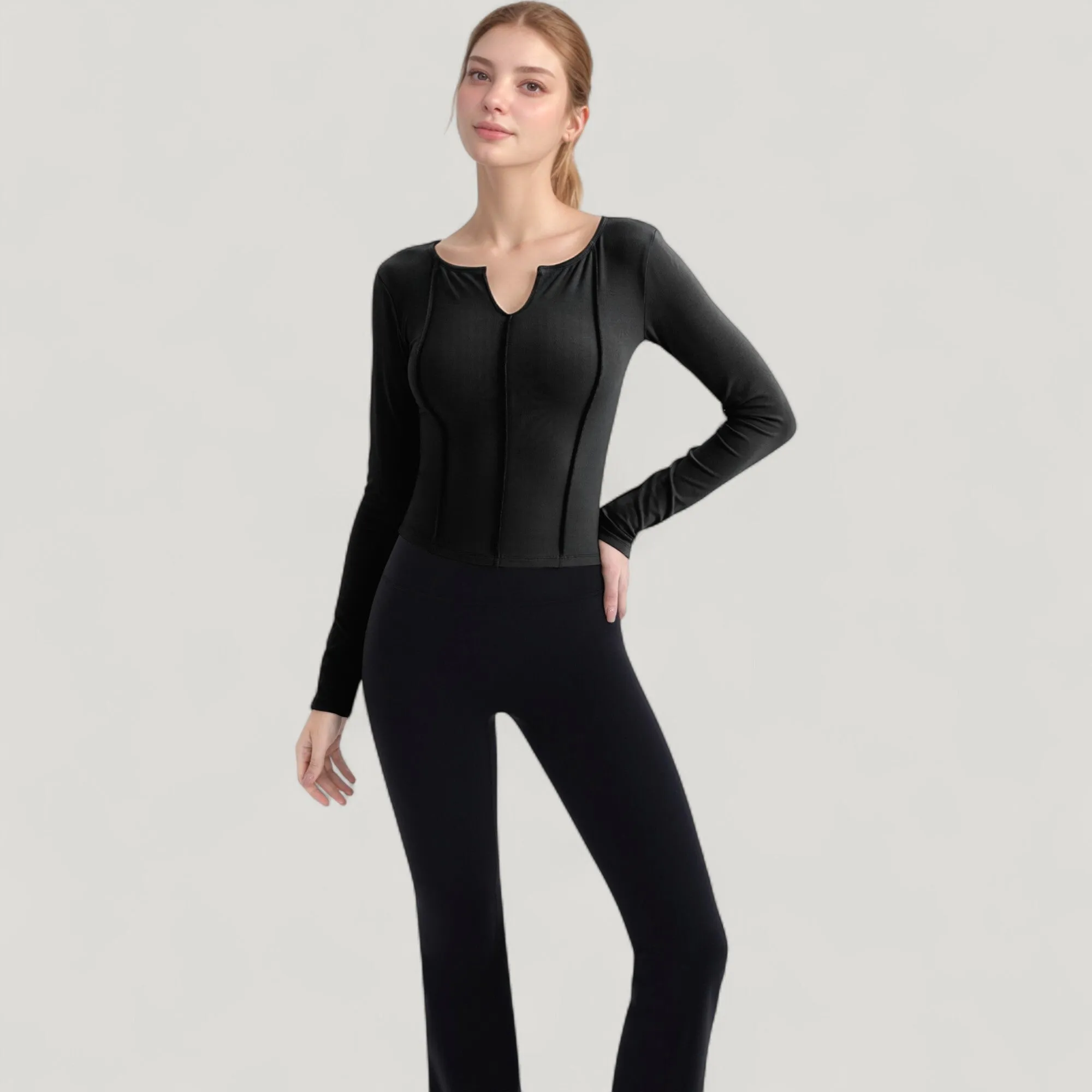 Anna-Kaci Active Women's Long Sleeve Fitted Athletic Top with Notch Neckline and Contoured Seams sold by Anna-Kaci product image thumbnail 2