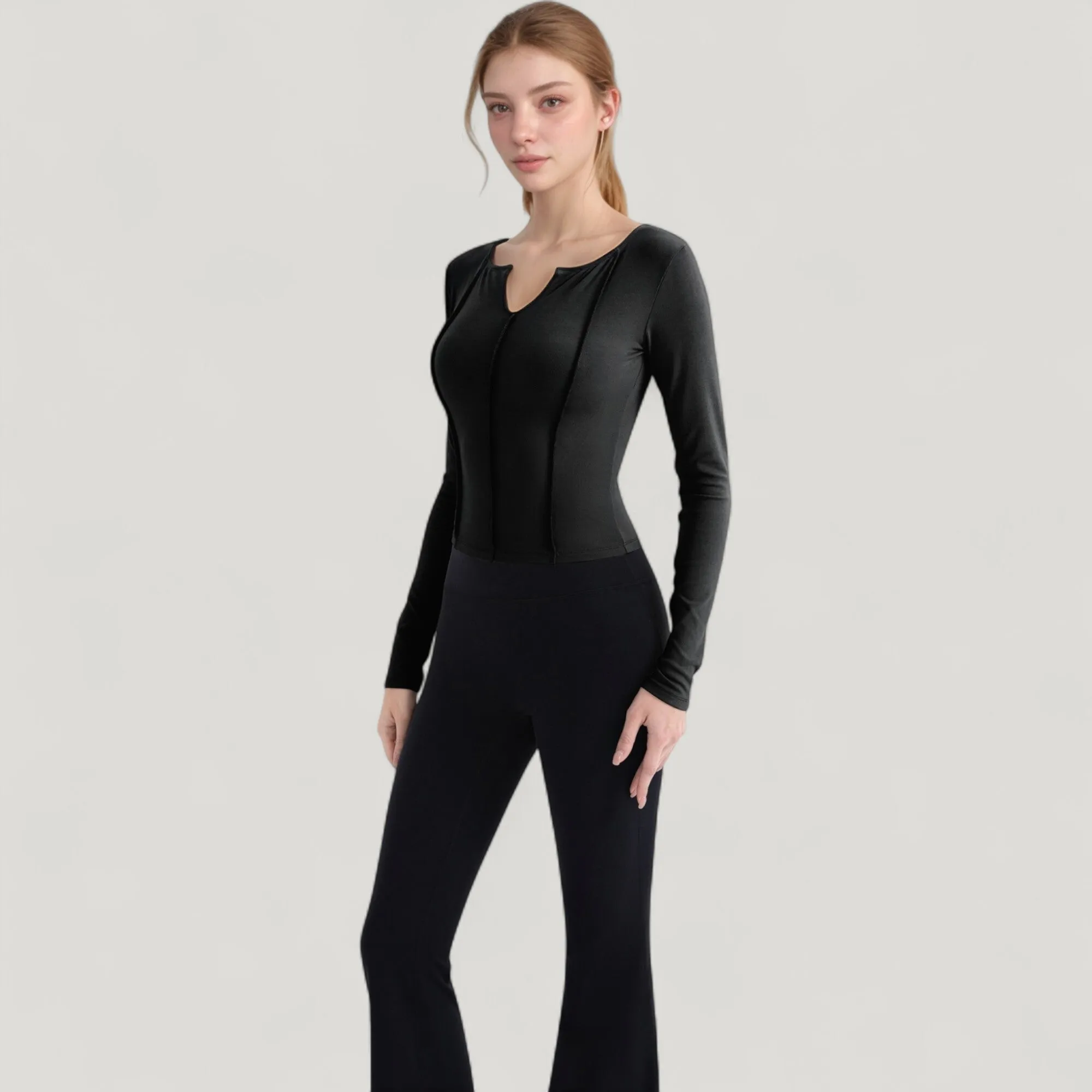 Anna-Kaci Active Women's Long Sleeve Fitted Athletic Top with Notch Neckline and Contoured Seams sold by Anna-Kaci product image thumbnail 3