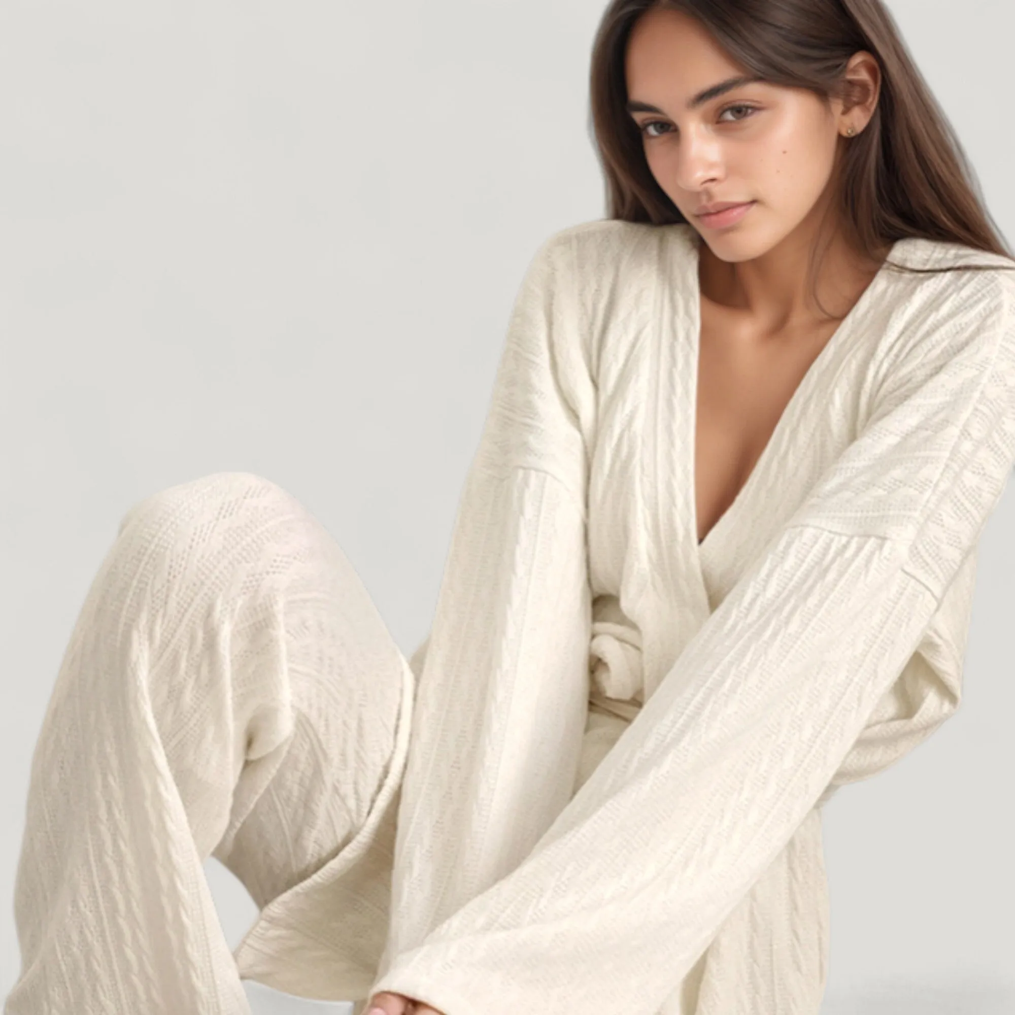 Anna-Kaci Lounge Women's 3-Piece Pajama Set with Textured Woven Knit Bra Top Open Cardigan and High Waist Pants sold by Anna-Kaci product image thumbnail 3