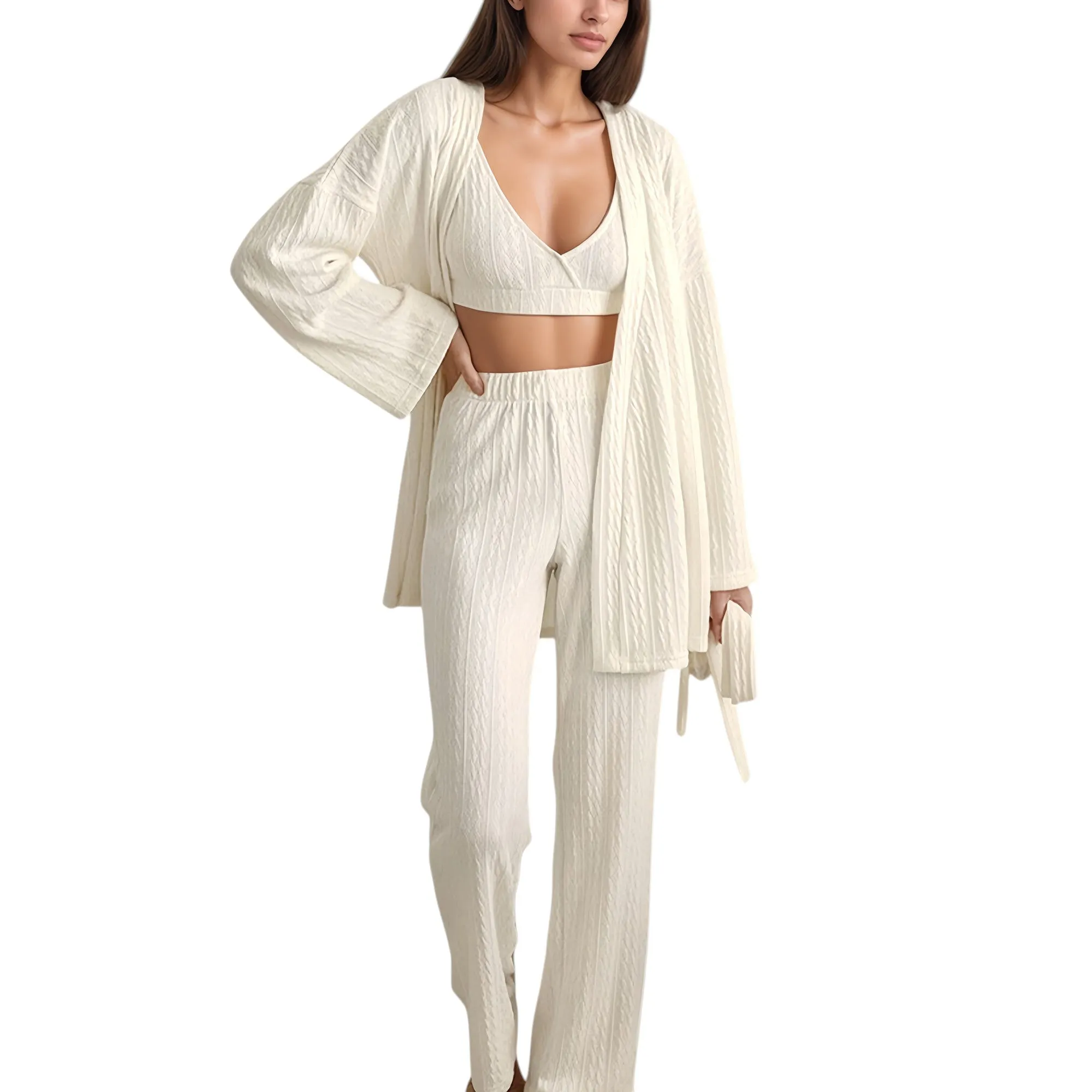 Anna-Kaci Lounge Women's 3-Piece Pajama Set with Textured Woven Knit Bra Top Open Cardigan and High Waist Pants sold by Anna-Kaci