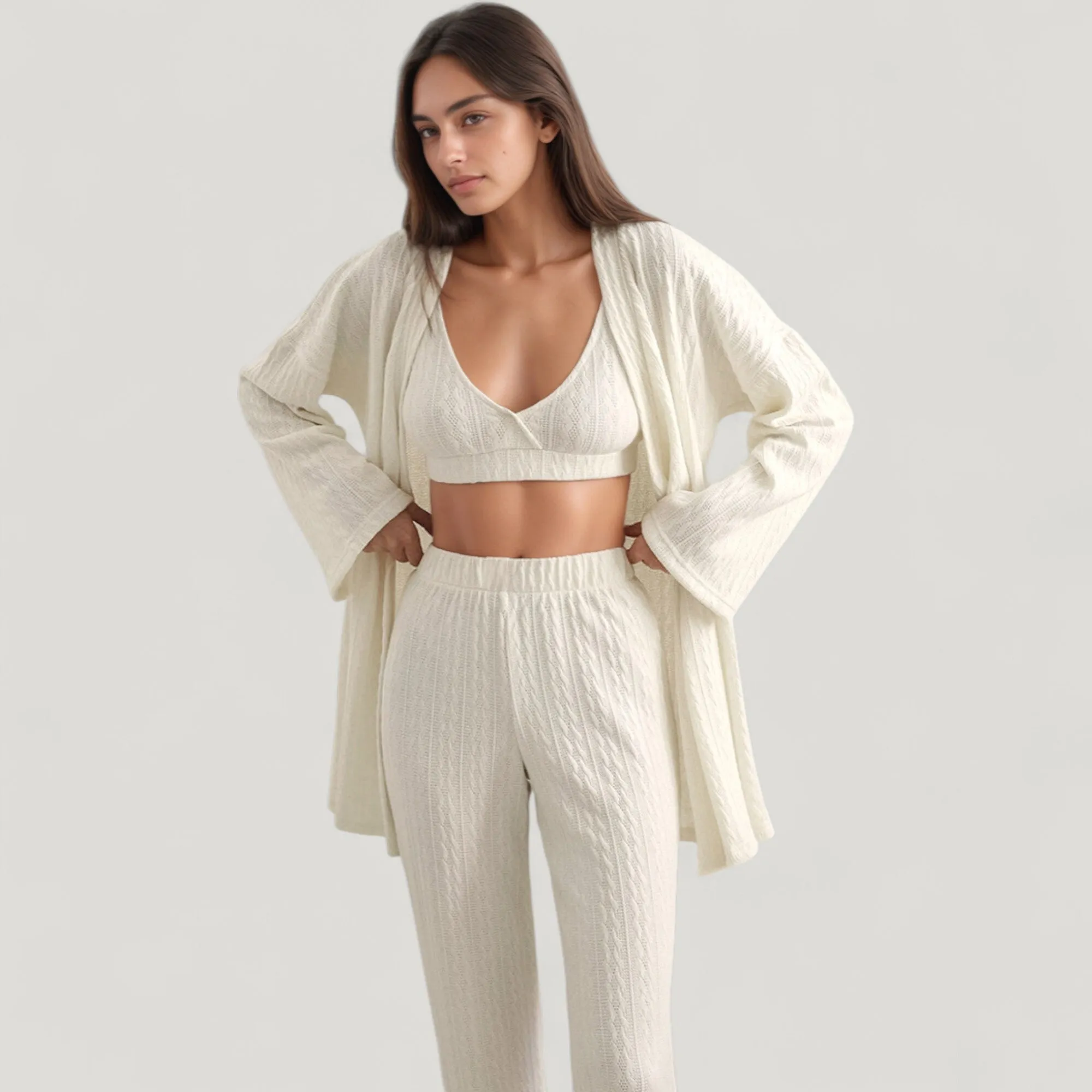Anna-Kaci Lounge Women's 3-Piece Pajama Set with Textured Woven Knit Bra Top Open Cardigan and High Waist Pants sold by Anna-Kaci product image thumbnail 2