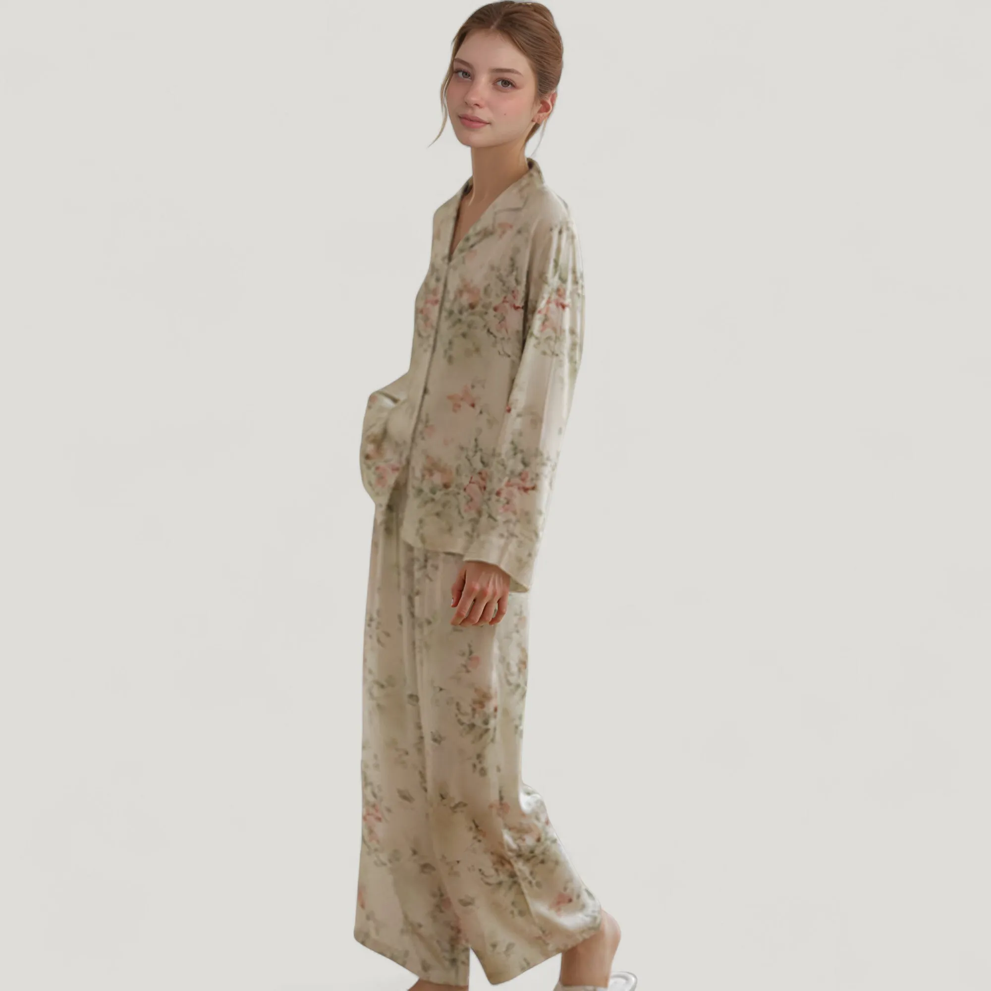 Anna-Kaci Lounge Women's Woven Floral Long Sleeve Button Down Pajama Set with Wide Leg Pants and Relaxed Fit sold by Anna-Kaci product image thumbnail 2