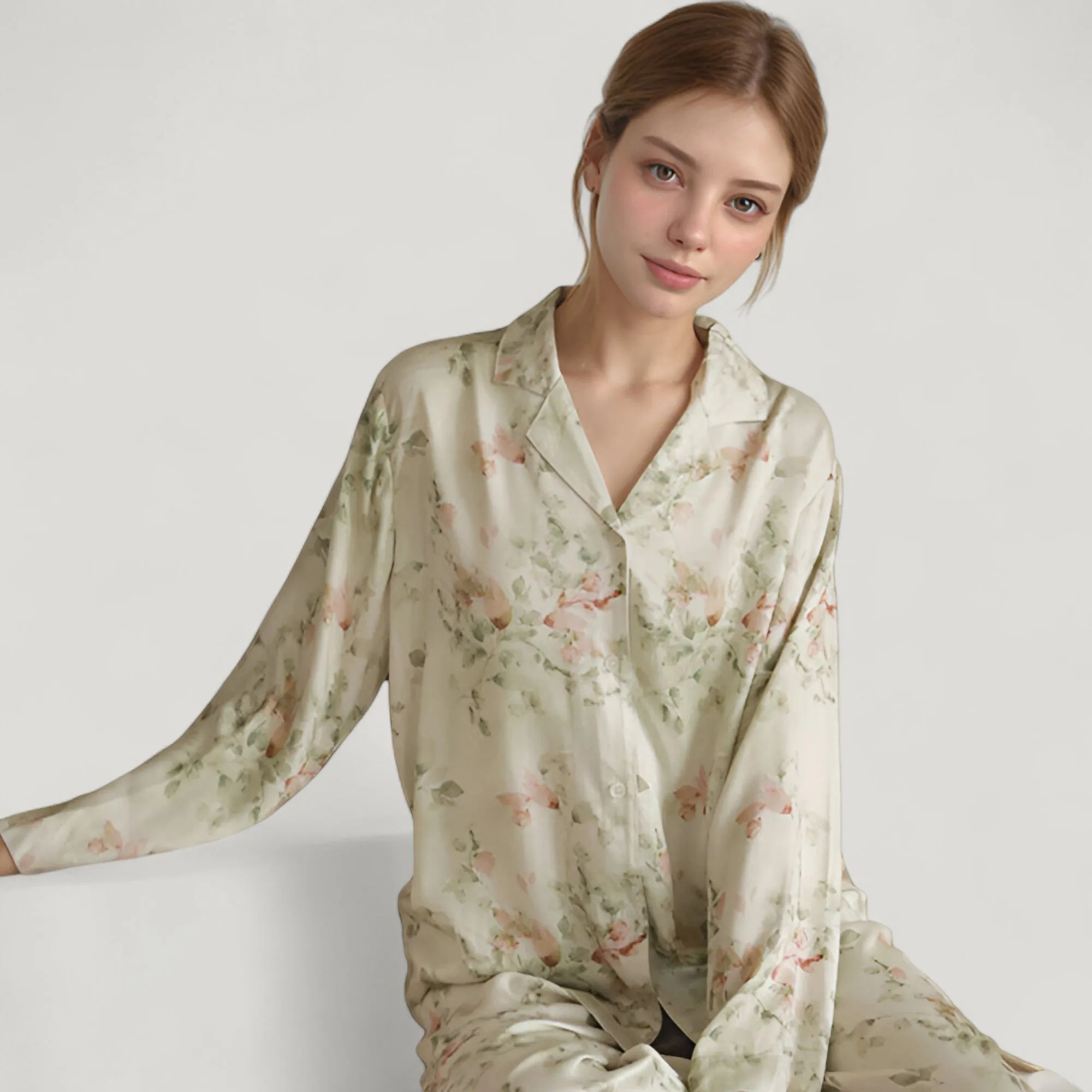 Anna-Kaci Lounge Women's Woven Floral Long Sleeve Button Down Pajama Set with Wide Leg Pants and Relaxed Fit sold by Anna-Kaci product image thumbnail 4