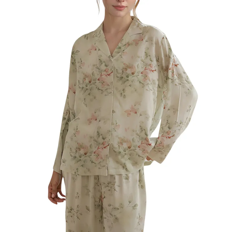Anna-Kaci Lounge Women's Woven Floral Long Sleeve Button Down Pajama Set with Wide Leg Pants and Relaxed Fit sold by Anna-Kaci
