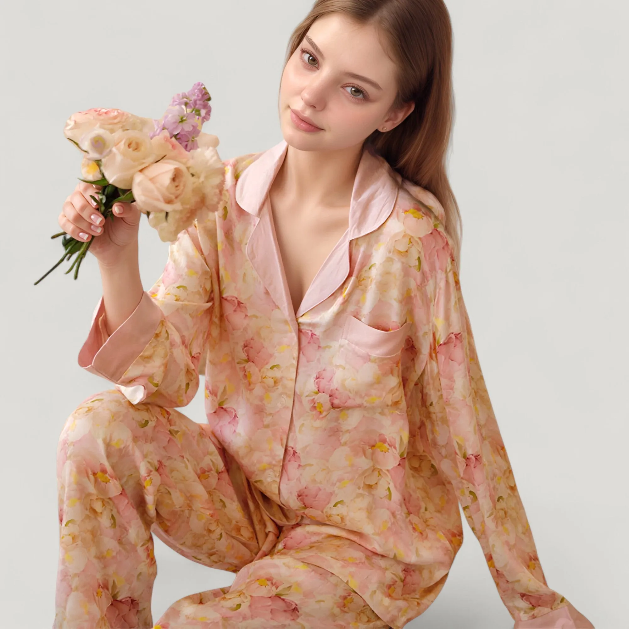 Anna-Kaci Women's Long Sleeve Button Front Pajama Set with Notched Collar and Floral Satin Finish sold by Anna-Kaci product image thumbnail 4