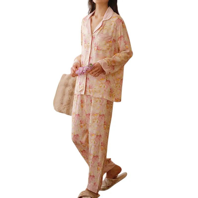 Anna-Kaci Women's Long Sleeve Button Front Pajama Set with Notched Collar and Floral Satin Finish sold by Anna-Kaci