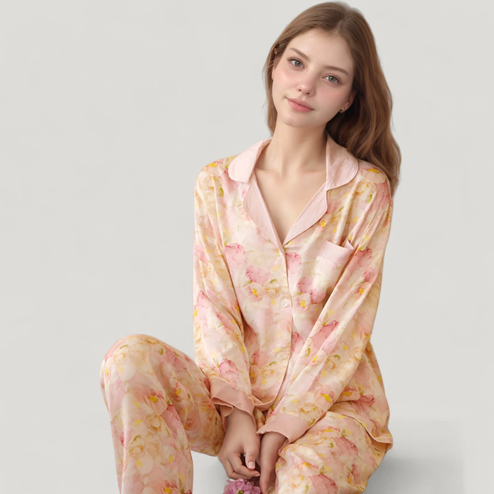 Anna-Kaci Women's Long Sleeve Button Front Pajama Set with Notched Collar and Floral Satin Finish sold by Anna-Kaci product image thumbnail 3