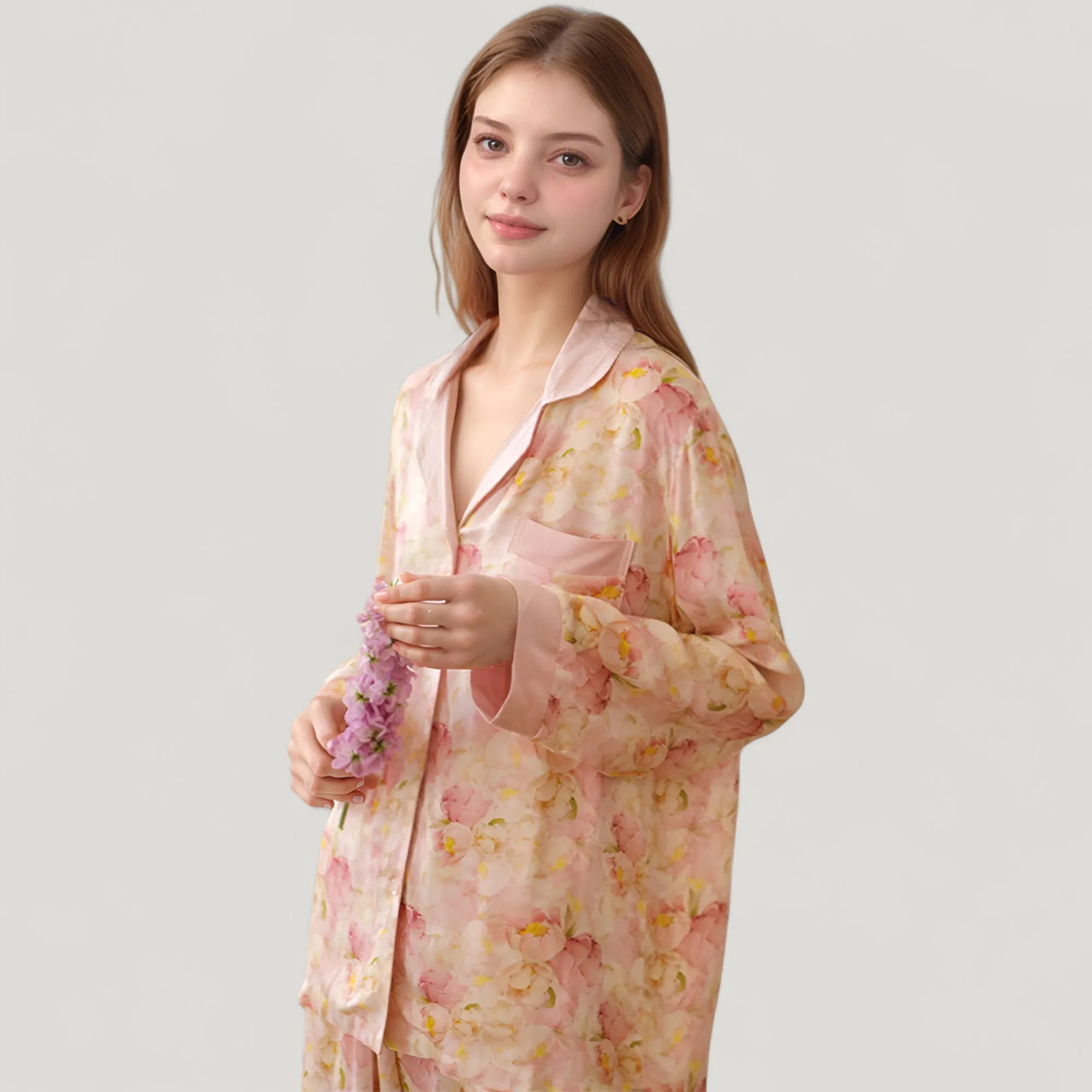 Anna-Kaci Women's Long Sleeve Button Front Pajama Set with Notched Collar and Floral Satin Finish sold by Anna-Kaci product image thumbnail 2
