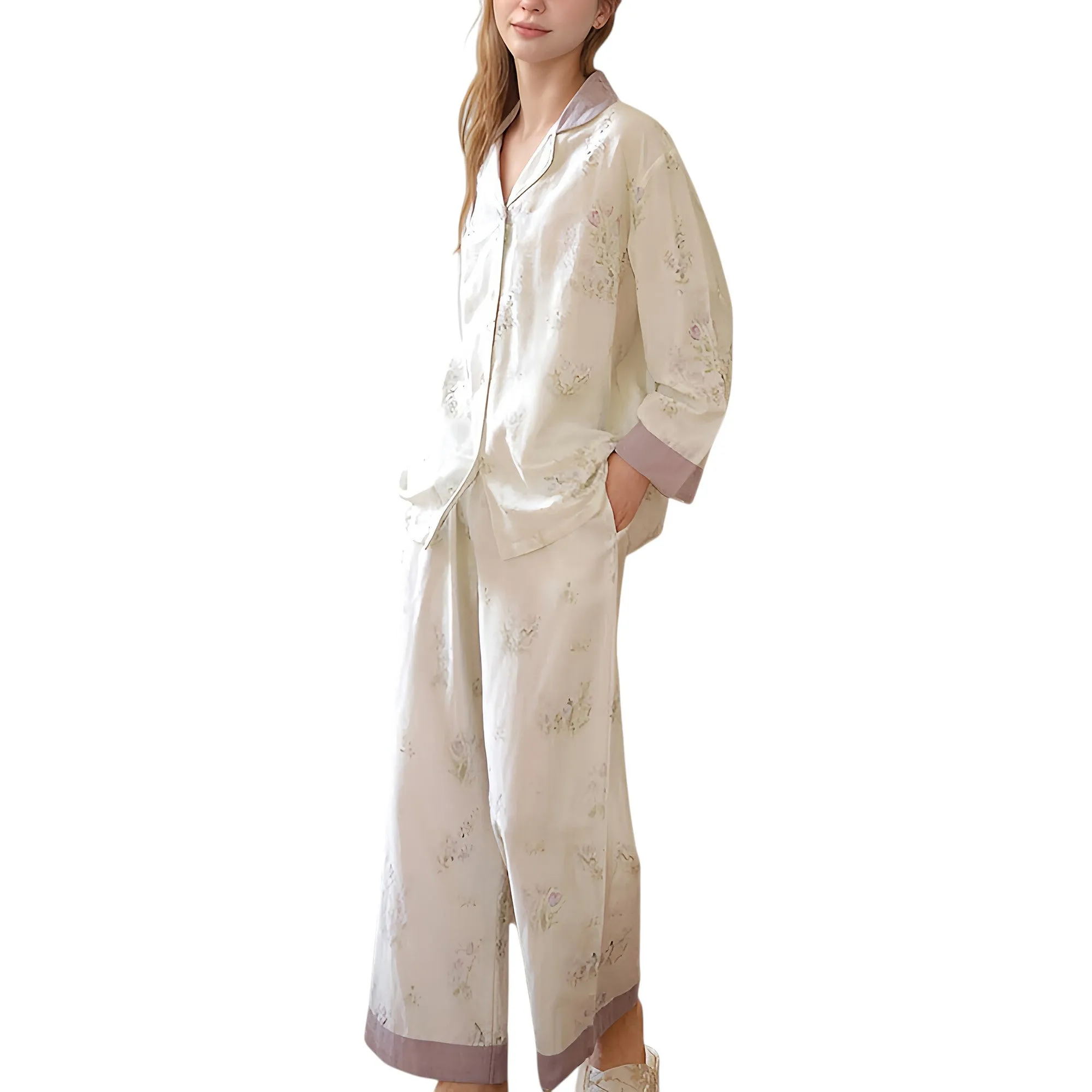 Anna-Kaci Lounge Women's Woven Two-Piece Pajama Set with Floral Print Contrast Trim and Relaxed Button Down Top sold by Anna-Kaci