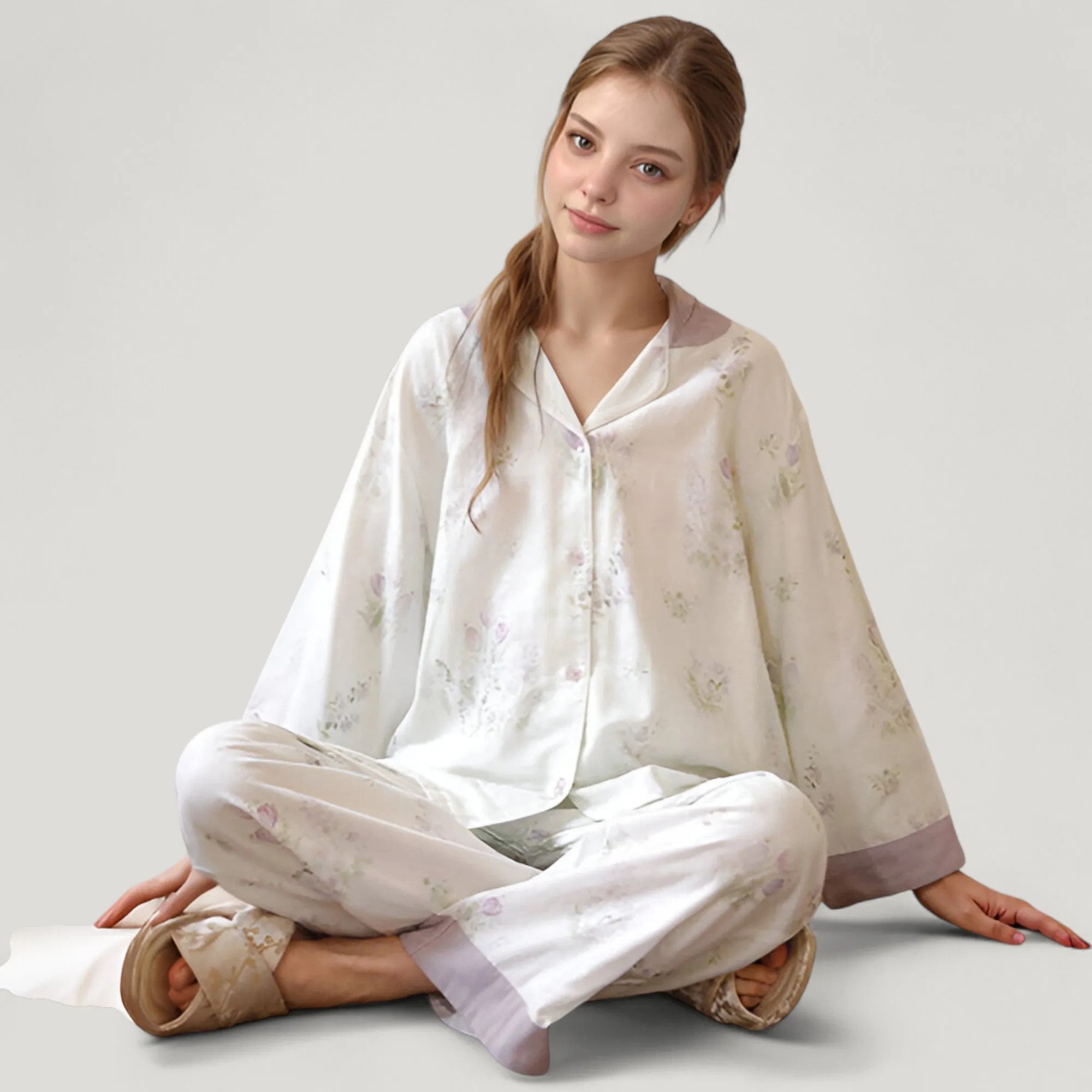 Anna-Kaci Lounge Women's Woven Two-Piece Pajama Set with Floral Print Contrast Trim and Relaxed Button Down Top sold by Anna-Kaci product image thumbnail 3