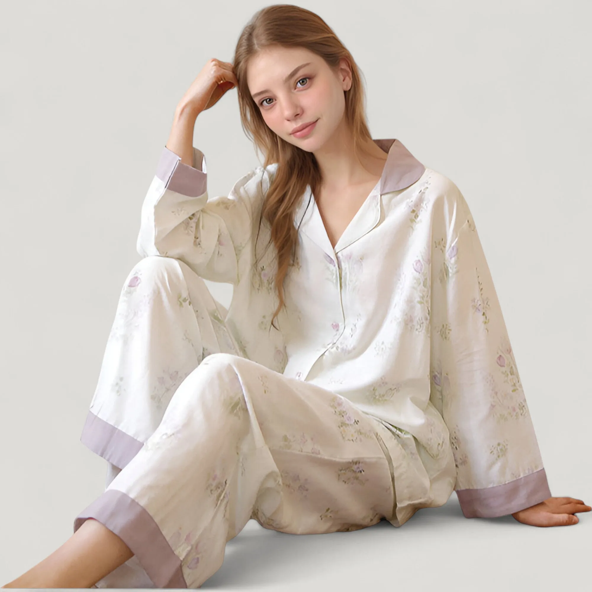 Anna-Kaci Lounge Women's Woven Two-Piece Pajama Set with Floral Print Contrast Trim and Relaxed Button Down Top sold by Anna-Kaci product image thumbnail 2
