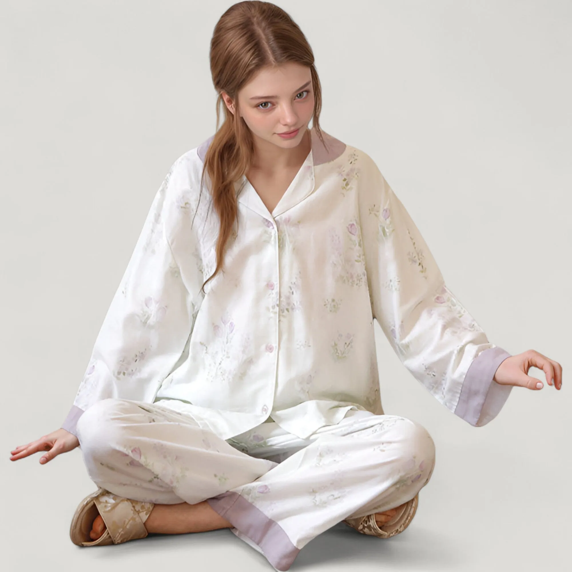 Anna-Kaci Lounge Women's Woven Two-Piece Pajama Set with Floral Print Contrast Trim and Relaxed Button Down Top sold by Anna-Kaci product image thumbnail 4