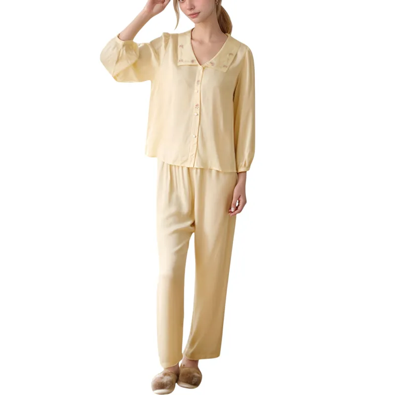 Anna-Kaci Lounge Women's Woven Two-Piece Pajama Set with Embroidered Sailor Collar and Button Down Top sold by Anna-Kaci
