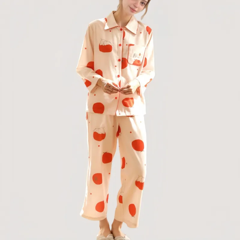 Anna-Kaci Lounge Women's Woven Pajama Set with Playful Tomato Print and Relaxed Button-Up Fit for Everyday Lounging sold by Anna-Kaci