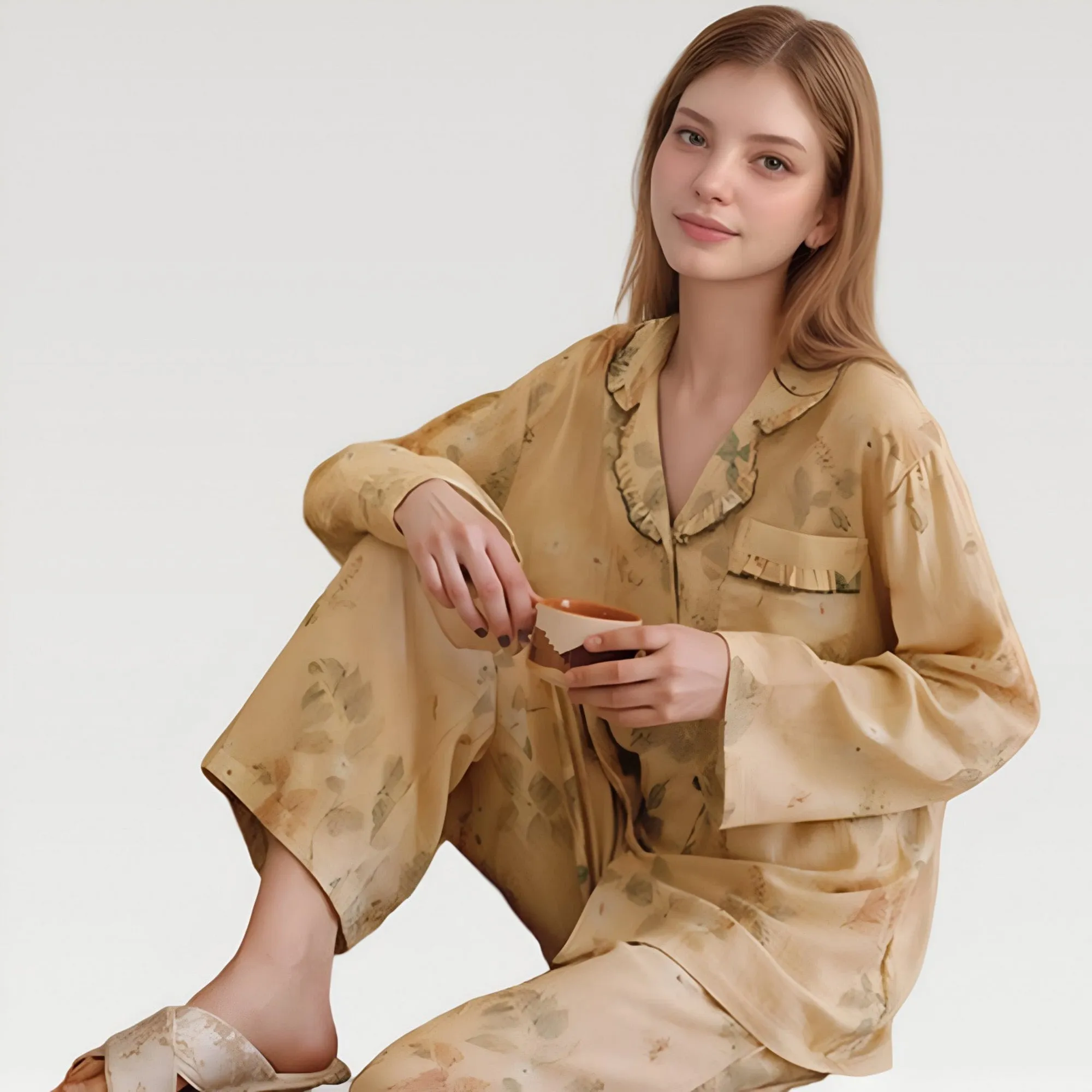 Anna-Kaci Lounge Women's Ruffle Collar Floral Print Woven Pajama Set with Long Sleeve Button Top and Relaxed Pants sold by Anna-Kaci product image thumbnail 4