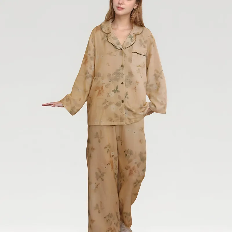 Anna-Kaci Lounge Women's Ruffle Collar Floral Print Woven Pajama Set with Long Sleeve Button Top and Relaxed Pants sold by Anna-Kaci