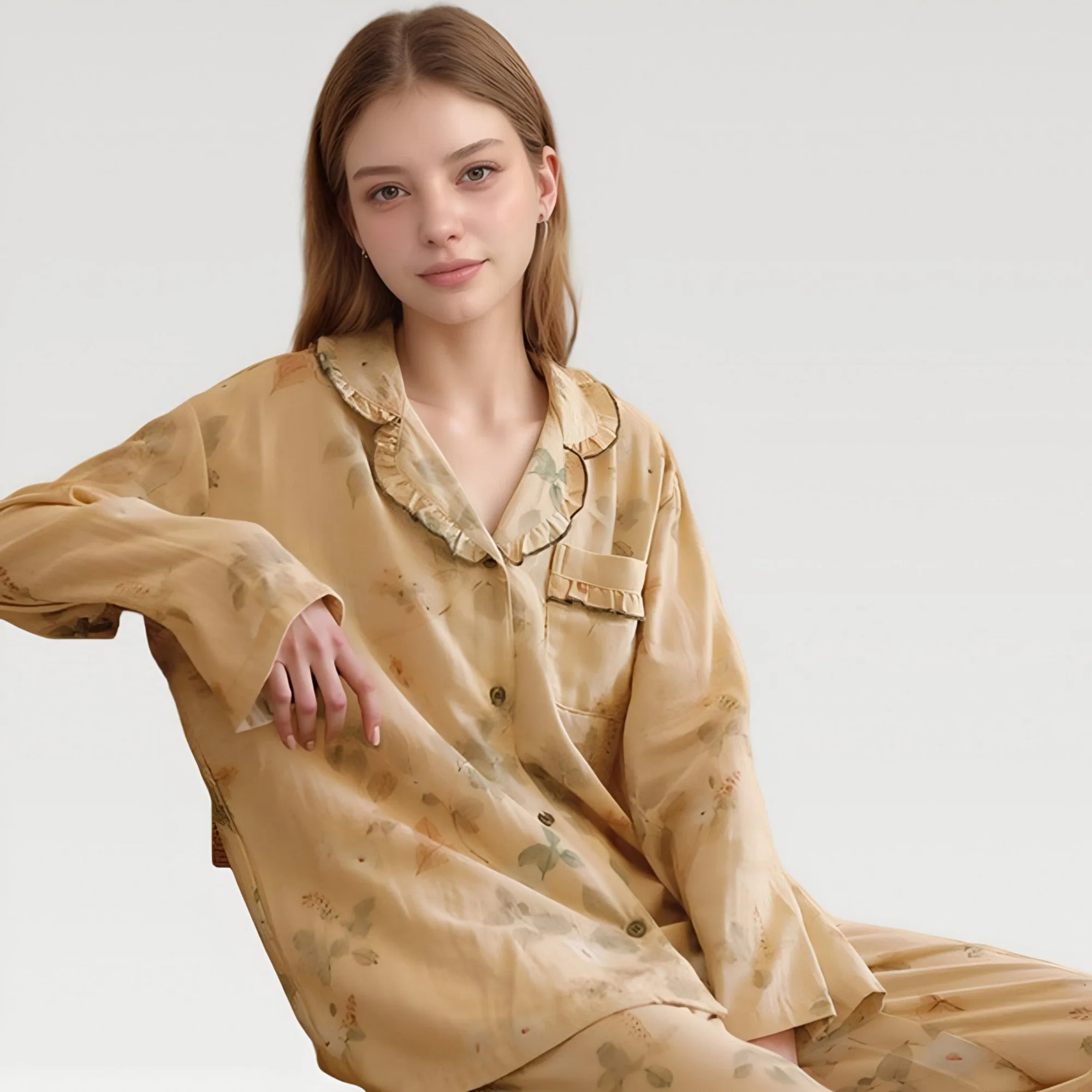 Anna-Kaci Lounge Women's Ruffle Collar Floral Print Woven Pajama Set with Long Sleeve Button Top and Relaxed Pants sold by Anna-Kaci product image thumbnail 5