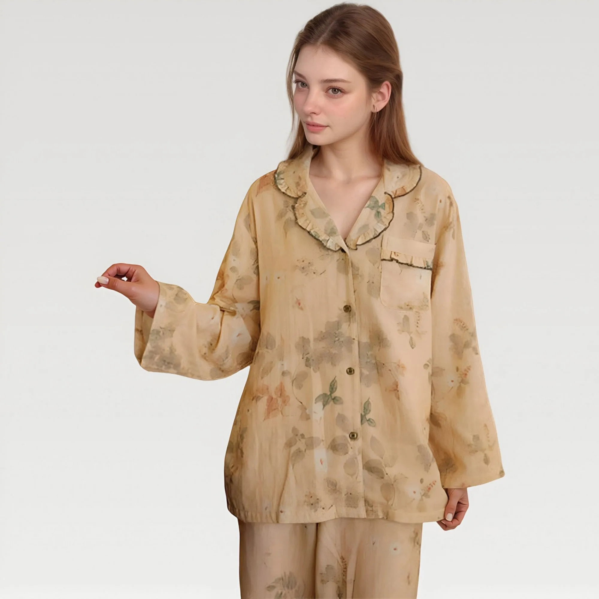 Anna-Kaci Lounge Women's Ruffle Collar Floral Print Woven Pajama Set with Long Sleeve Button Top and Relaxed Pants sold by Anna-Kaci product image thumbnail 2