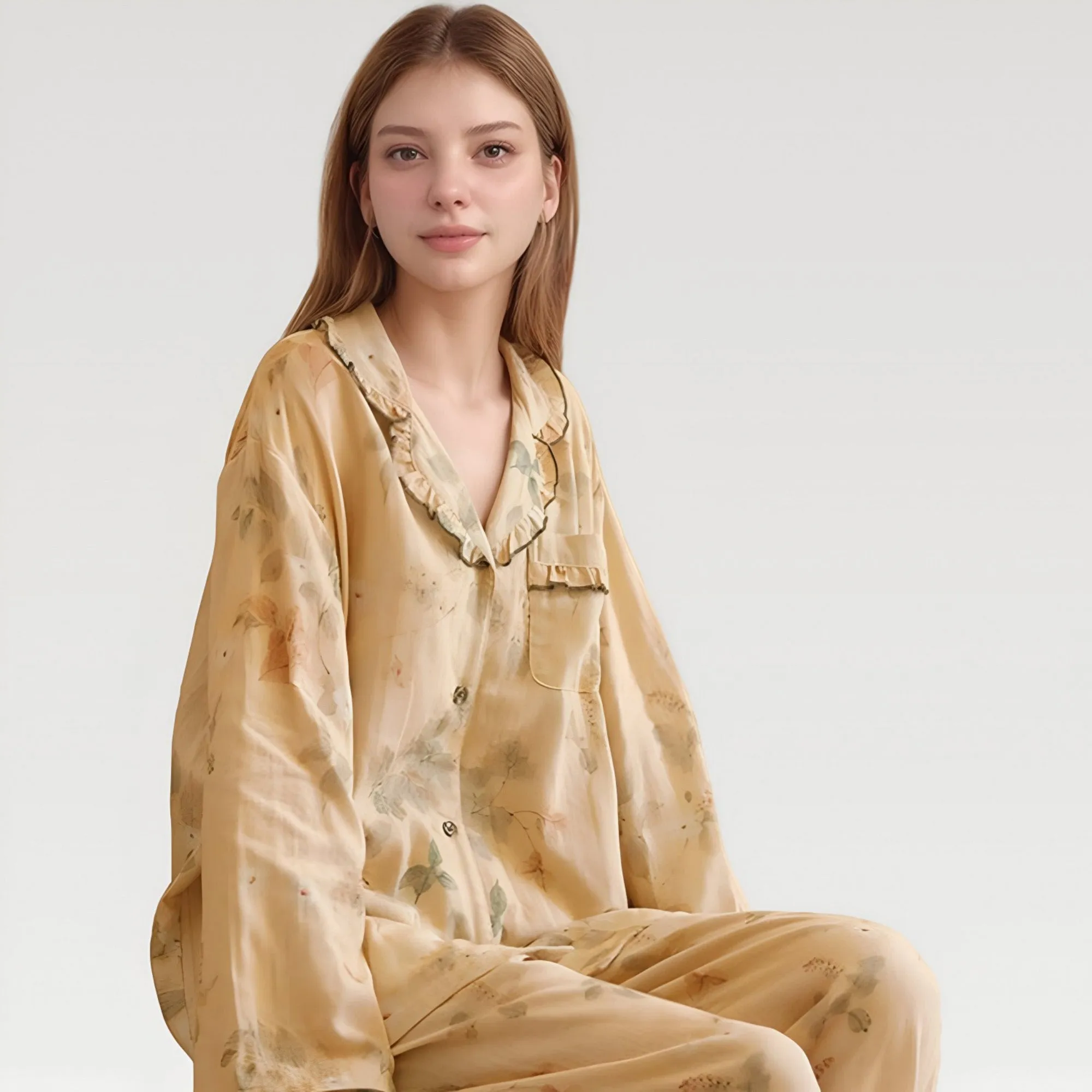 Anna-Kaci Lounge Women's Ruffle Collar Floral Print Woven Pajama Set with Long Sleeve Button Top and Relaxed Pants sold by Anna-Kaci product image thumbnail 3