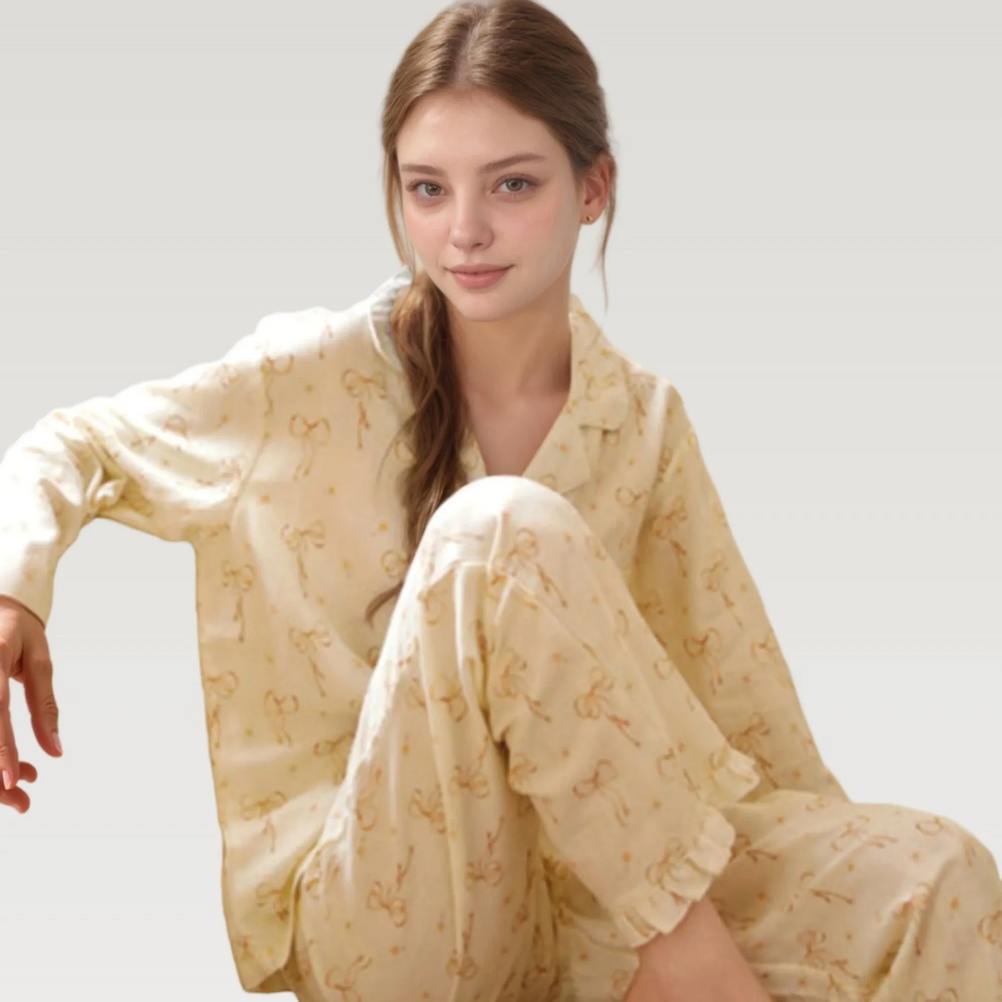 Anna-Kaci Lounge Women's Bow Print Woven Pajama Set with Long Sleeve Collared Top and Relaxed Fit Pants sold by Anna-Kaci product image thumbnail 5