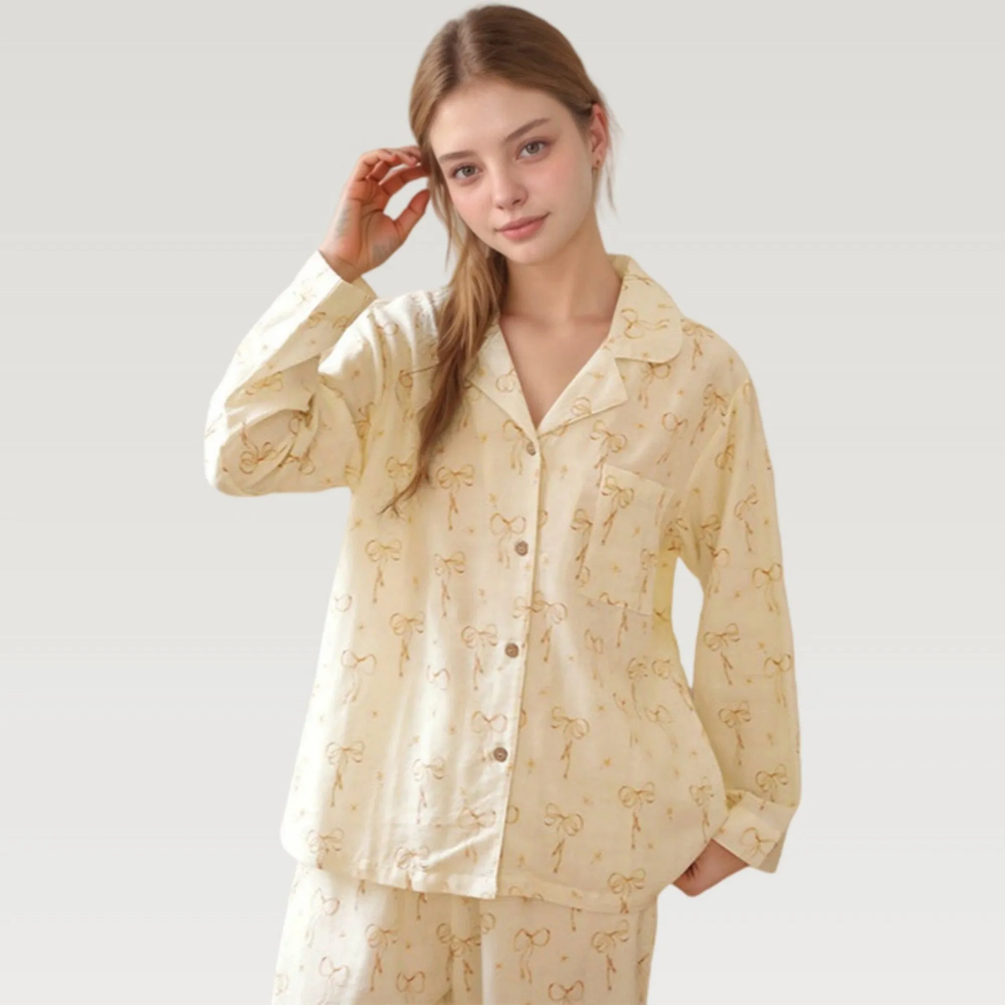 Anna-Kaci Lounge Women's Bow Print Woven Pajama Set with Long Sleeve Collared Top and Relaxed Fit Pants sold by Anna-Kaci product image thumbnail 3