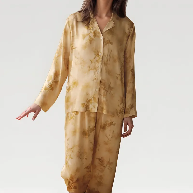 Anna-Kaci Lounge Women's Satin Pajama Set with Golden Botanical Print Long Sleeve Button Up Top and Relaxed Fit Pants sold by Anna-Kaci