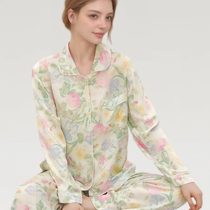 Anna-Kaci Lounge Women's Satin Floral Print Pajama Set with Long Sleeve Button Up Shirt and Matching Relaxed Fit Pants sold by Anna-Kaci