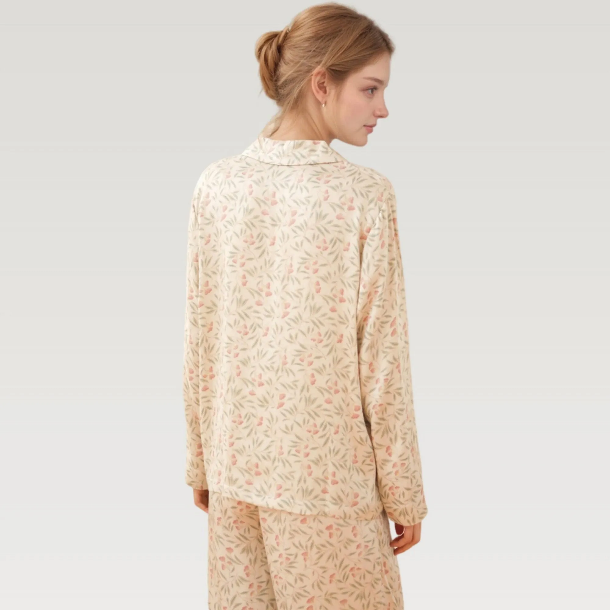 Anna-Kaci Lounge Women's Satin Botanical Print Pajama Set with Long Sleeve Button Top and Contrast Hem Pants sold by Anna-Kaci product image thumbnail 4