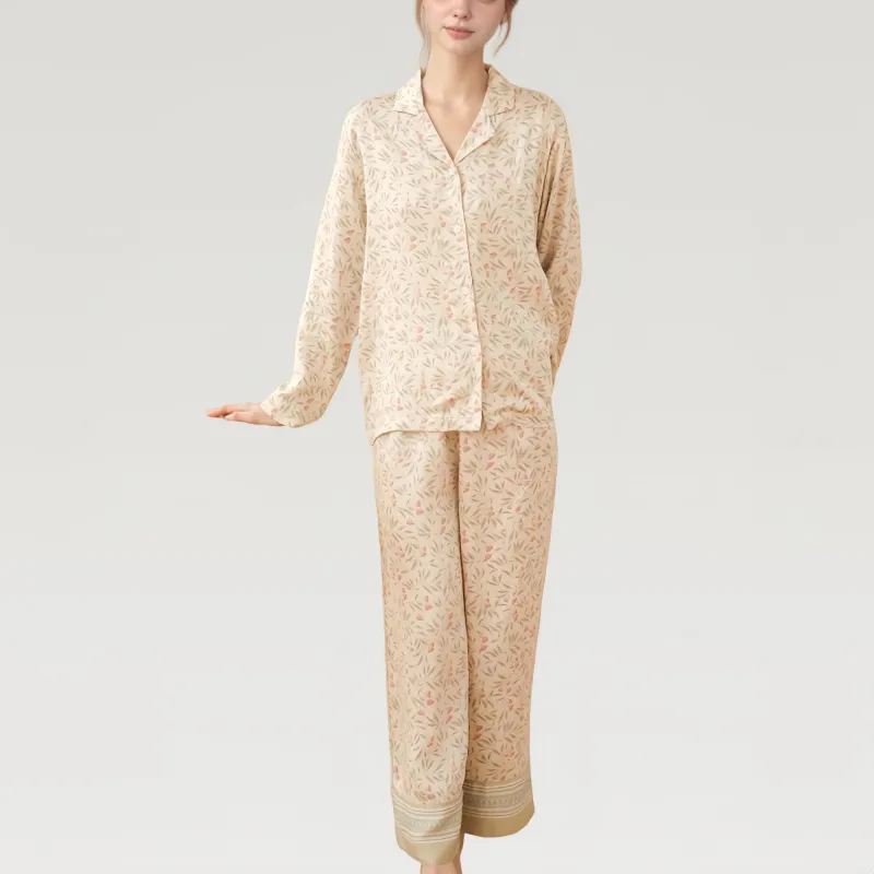 Anna-Kaci Lounge Women's Satin Botanical Print Pajama Set with Long Sleeve Button Top and Contrast Hem Pants sold by Anna-Kaci