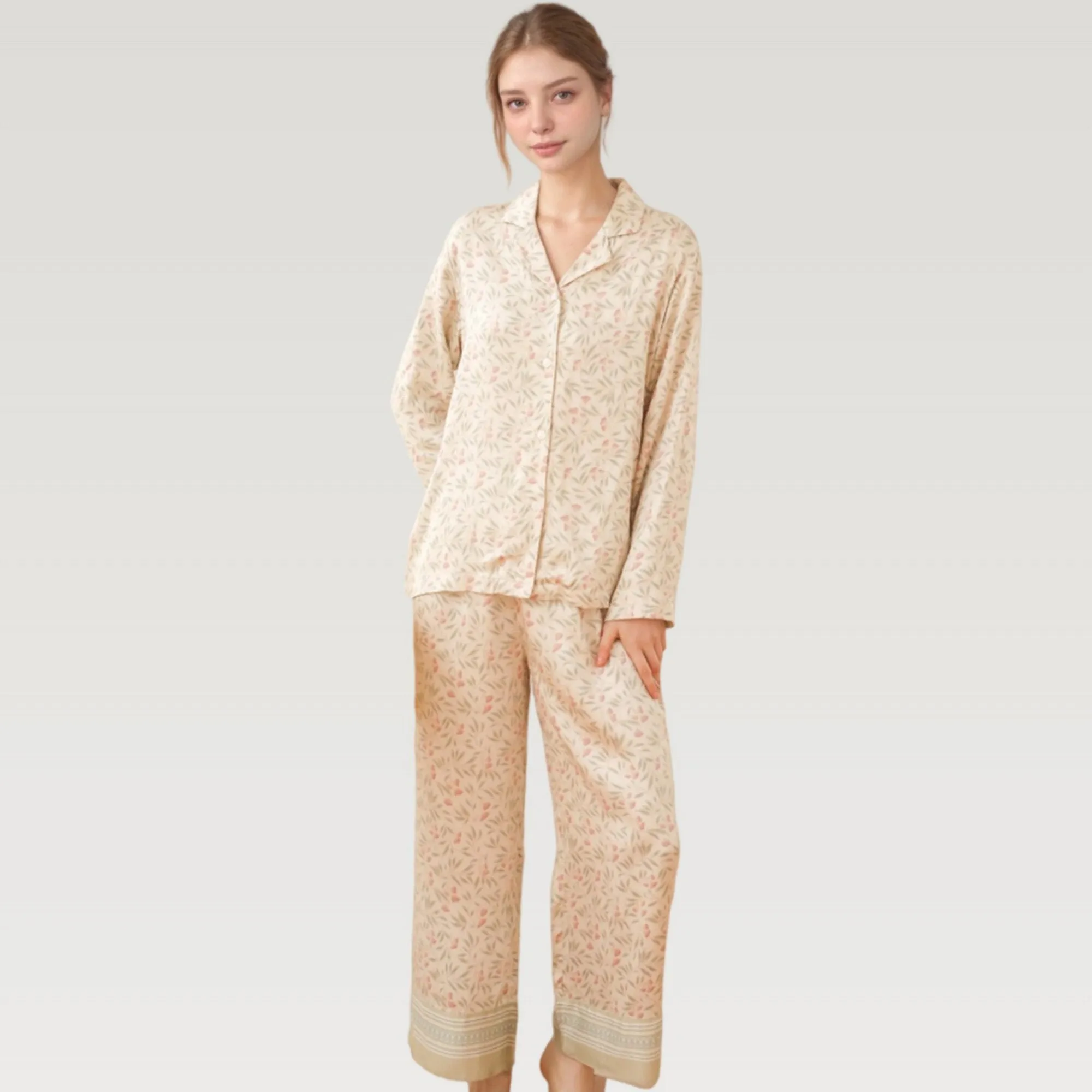 Anna-Kaci Lounge Women's Satin Botanical Print Pajama Set with Long Sleeve Button Top and Contrast Hem Pants sold by Anna-Kaci product image thumbnail 5