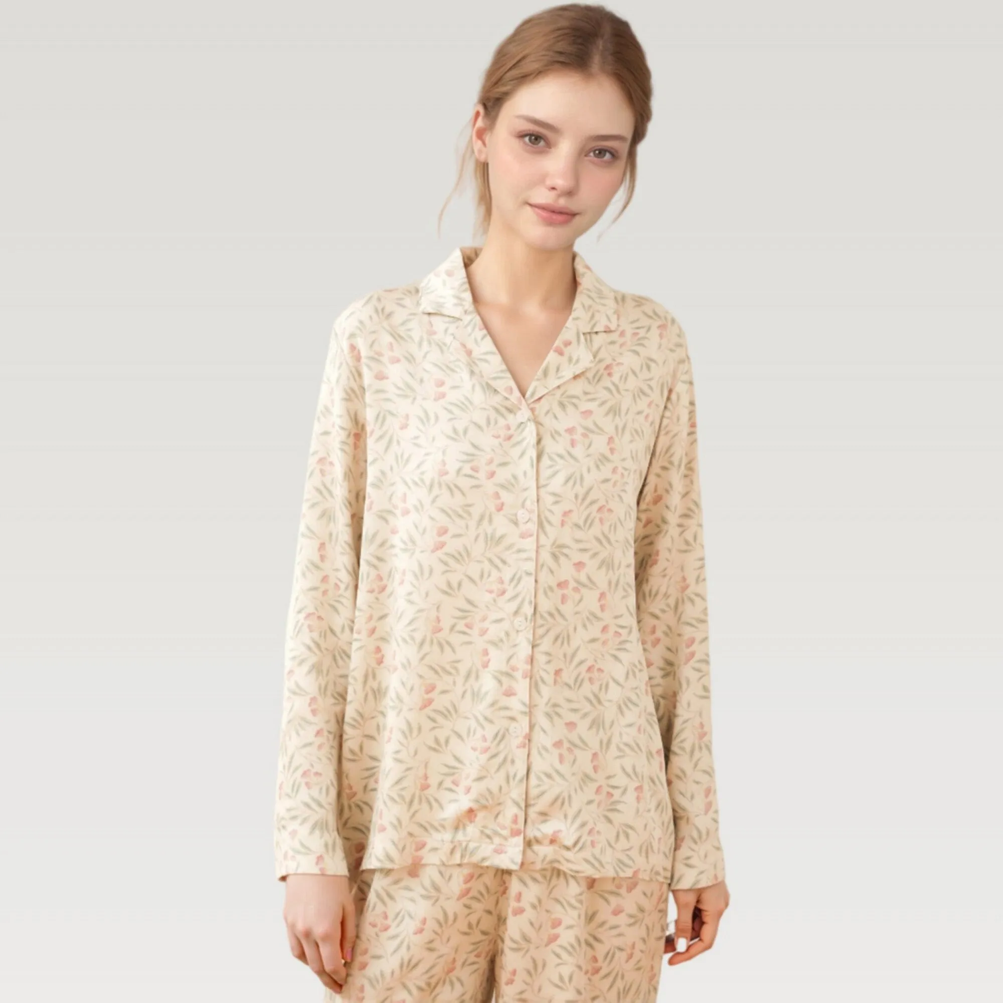 Anna-Kaci Lounge Women's Satin Botanical Print Pajama Set with Long Sleeve Button Top and Contrast Hem Pants sold by Anna-Kaci product image thumbnail 2