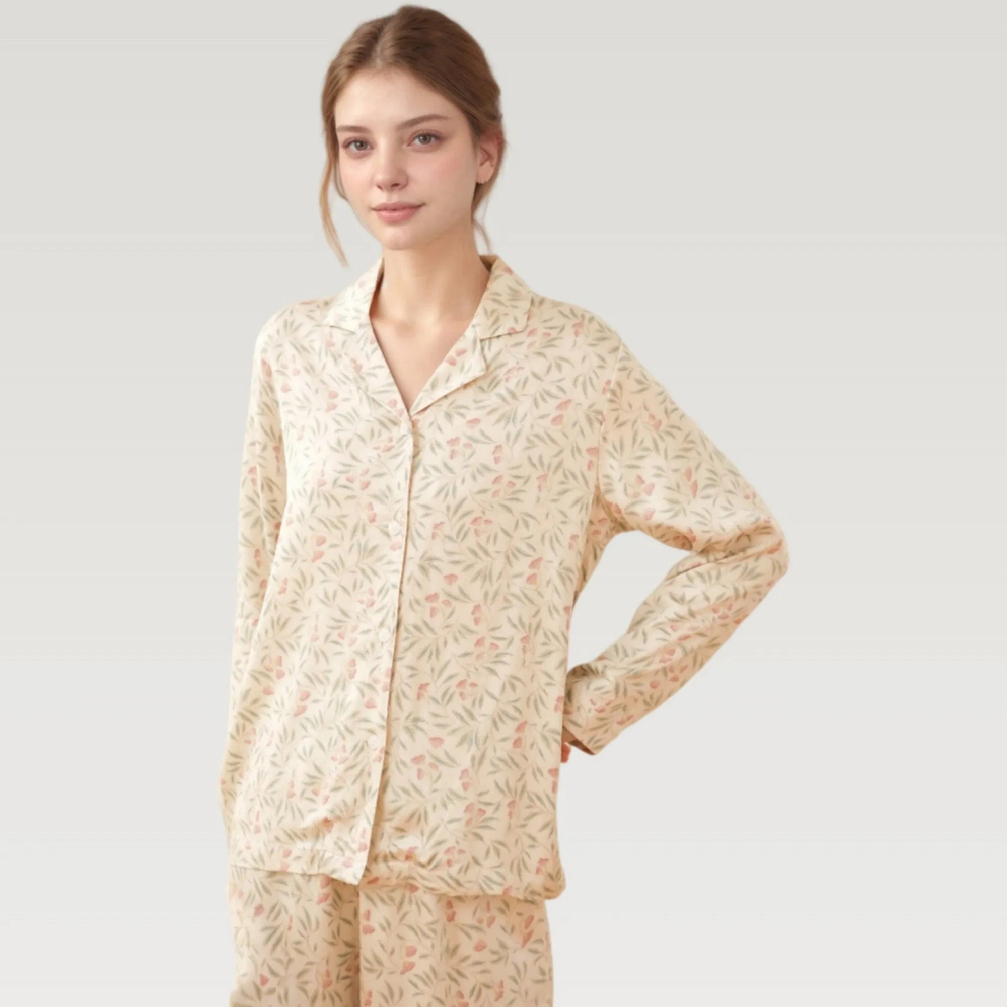 Anna-Kaci Lounge Women's Satin Botanical Print Pajama Set with Long Sleeve Button Top and Contrast Hem Pants sold by Anna-Kaci product image thumbnail 3