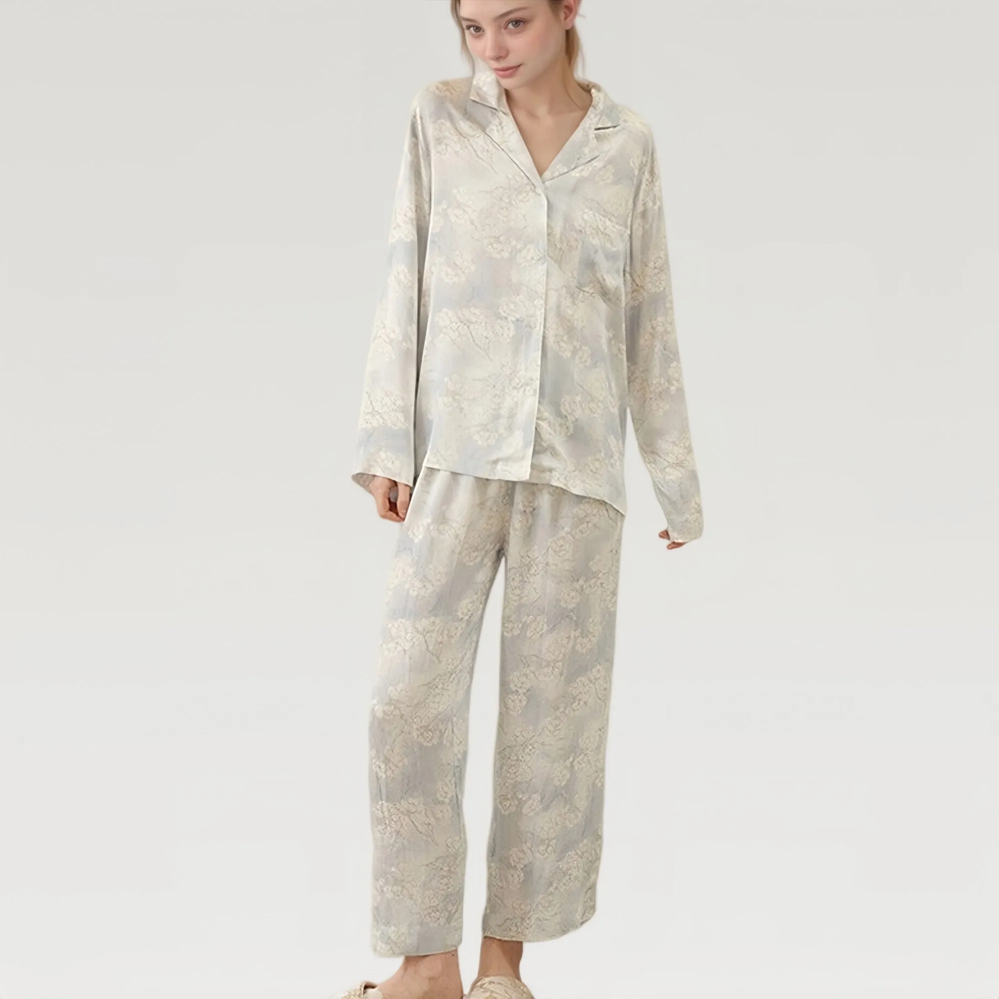 Anna-Kaci Lounge Women's Satin Floral Pajama Set with Button-Up Long Sleeve Top and Relaxed Fit Pants sold by Anna-Kaci