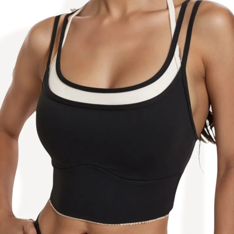 Double Layered Scoop Neck Sports Bra with Contrast Trim made by Anna-Kaci