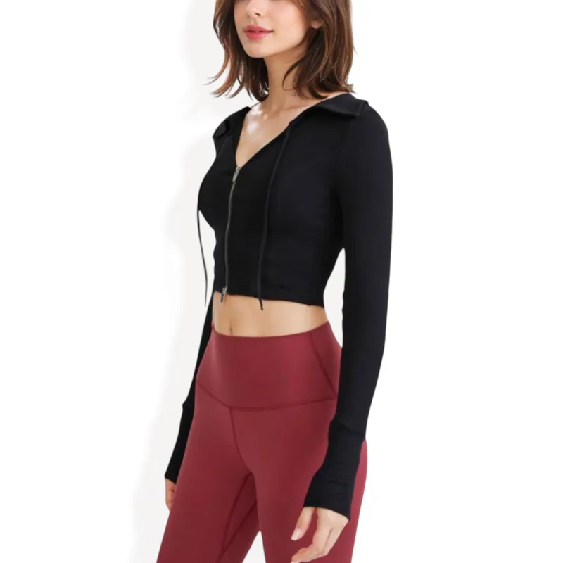Zip Front Cropped Hoodie with Long Sleeves and Thumb Holes sold by Anna-Kaci