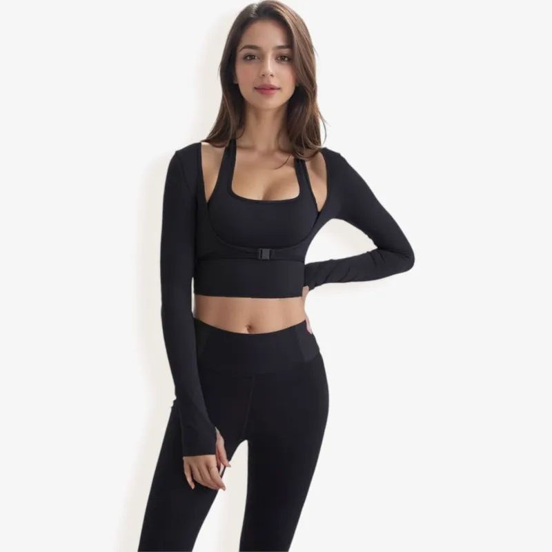 Long Sleeve Cropped Sports Top with Buckle Detail sold by Anna-Kaci