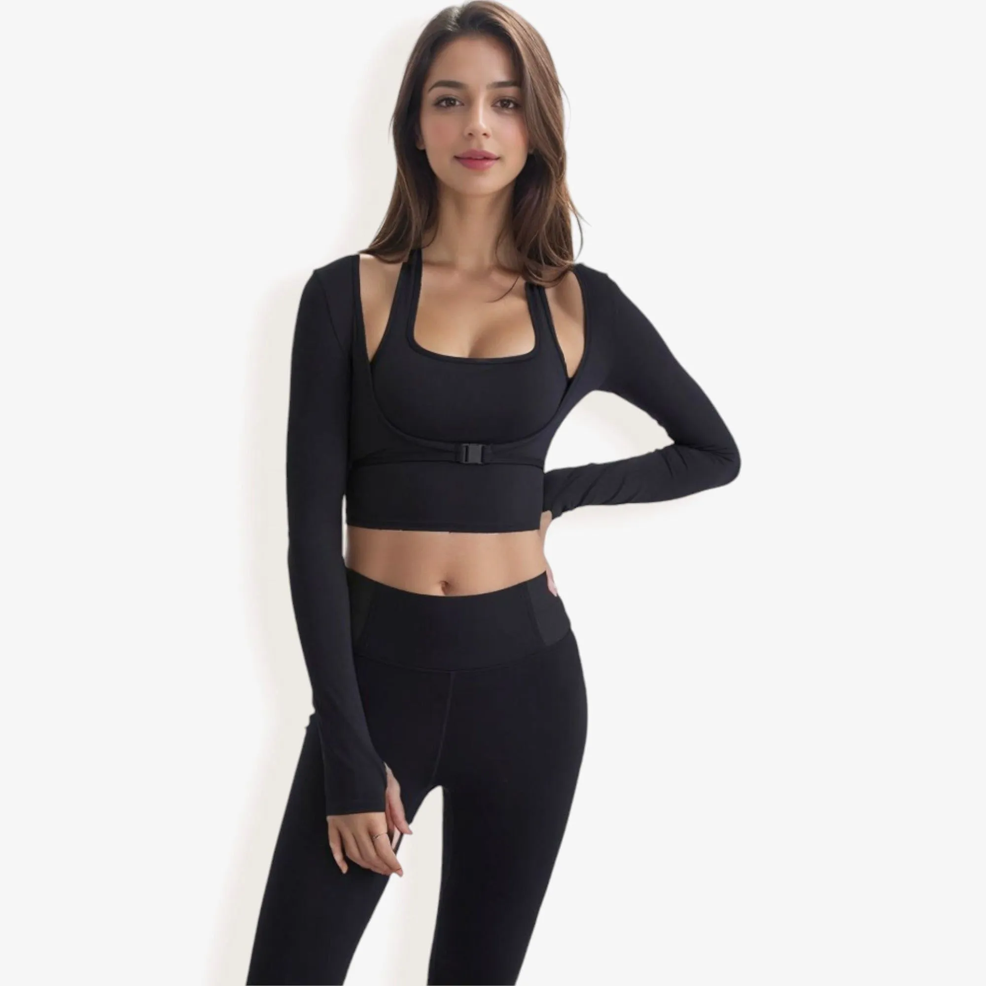 Long Sleeve Cropped Sports Top with Buckle Detail sold by Anna-Kaci