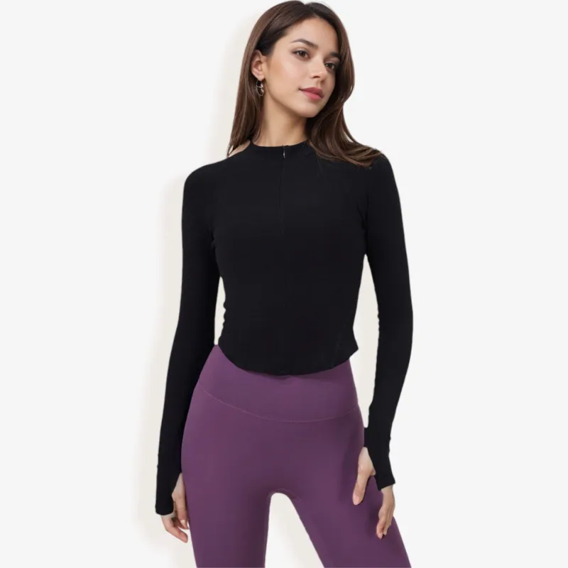 Long Sleeve Zip-Up Fitted Active Top with Thumbholes sold by Anna-Kaci