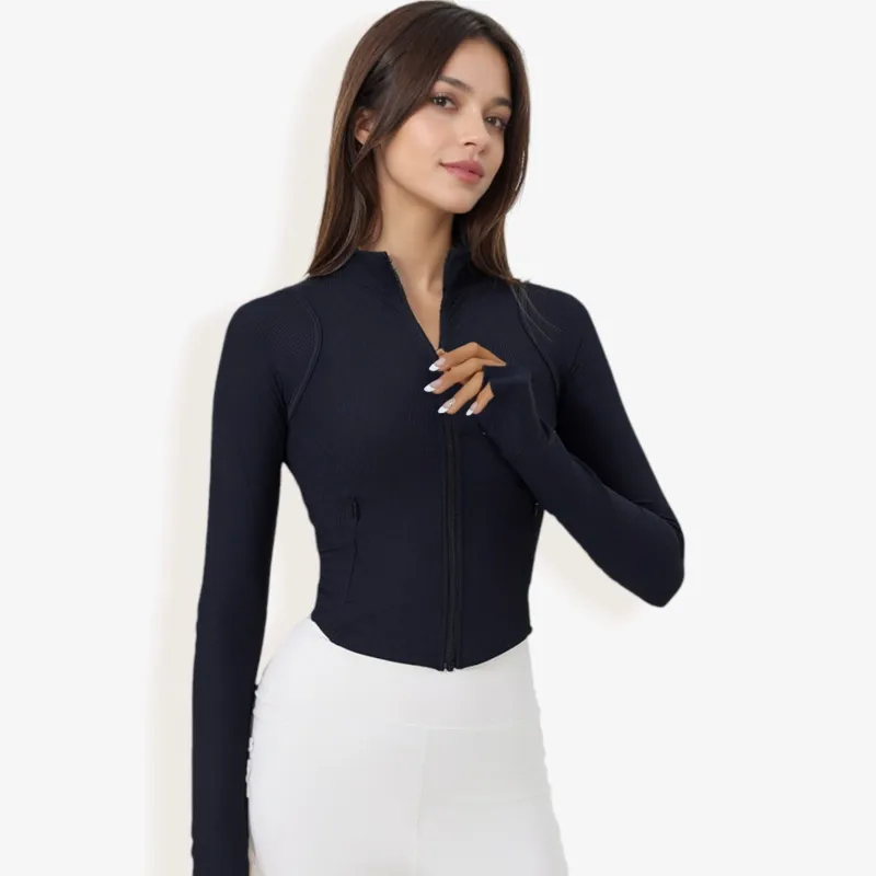 Full-Zip Ribbed Long Sleeve Top with Thumbholes and High Collar sold by Anna-Kaci