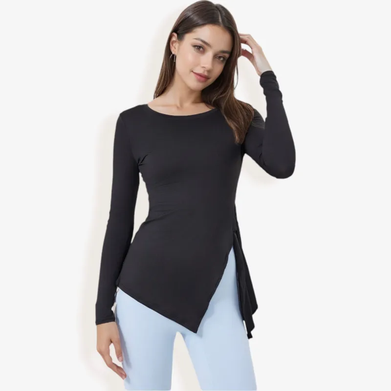 Long Sleeve Side-Tie Activewear Top with Asymmetric Hem sold by Anna-Kaci