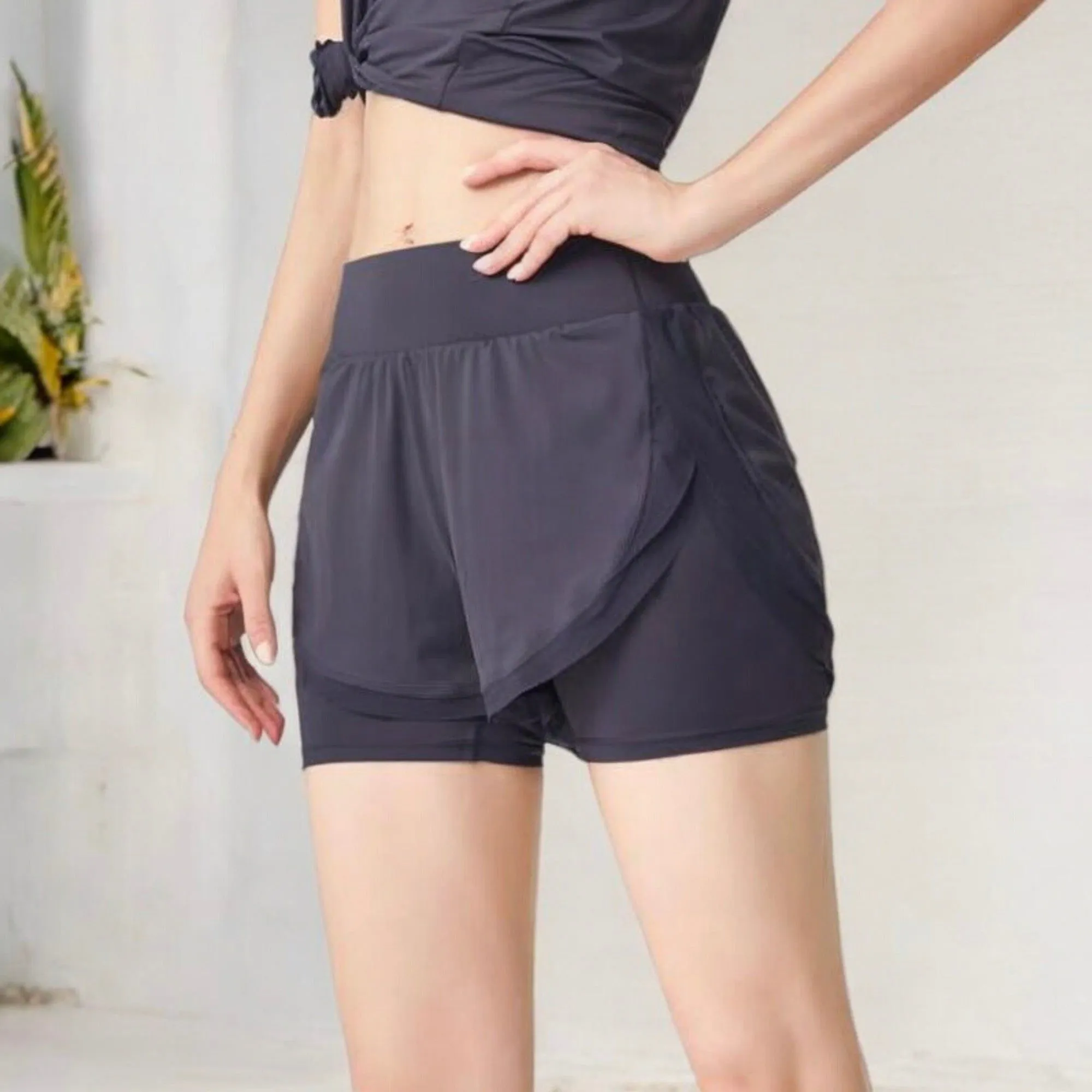 High Waist Layered Running Shorts with Built-in Liner sold by Anna-Kaci product image thumbnail 2