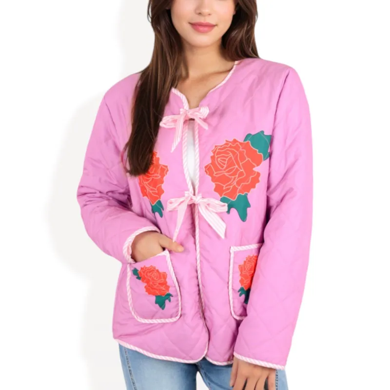 Quilted Floral Jacket with Bow Tie Closures and Patch Pockets sold by Anna-Kaci