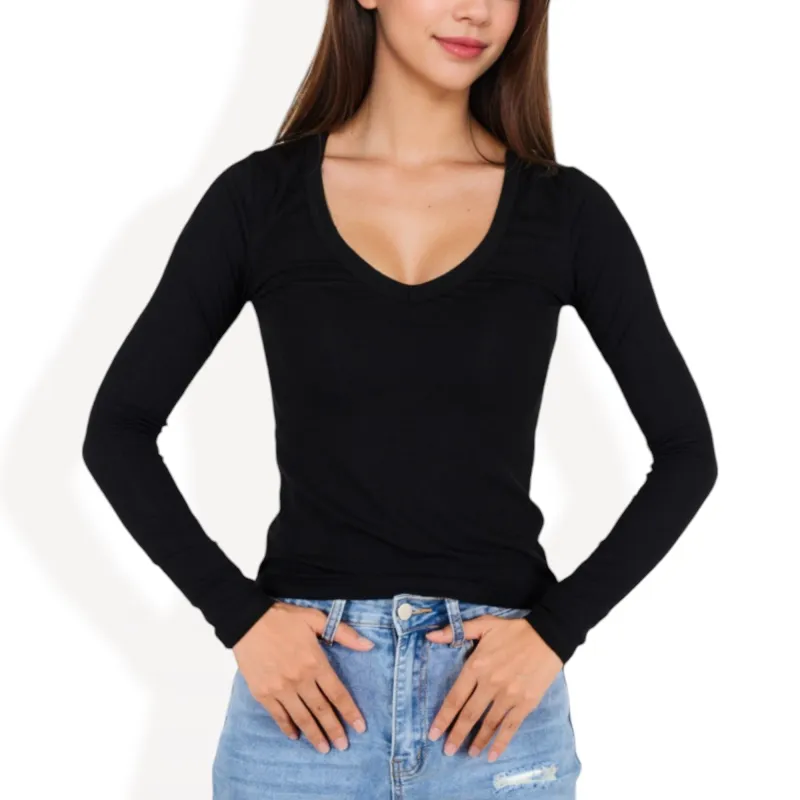 Long Sleeve V-Neck Fitted Top with Stretch Fabric sold by Anna-Kaci