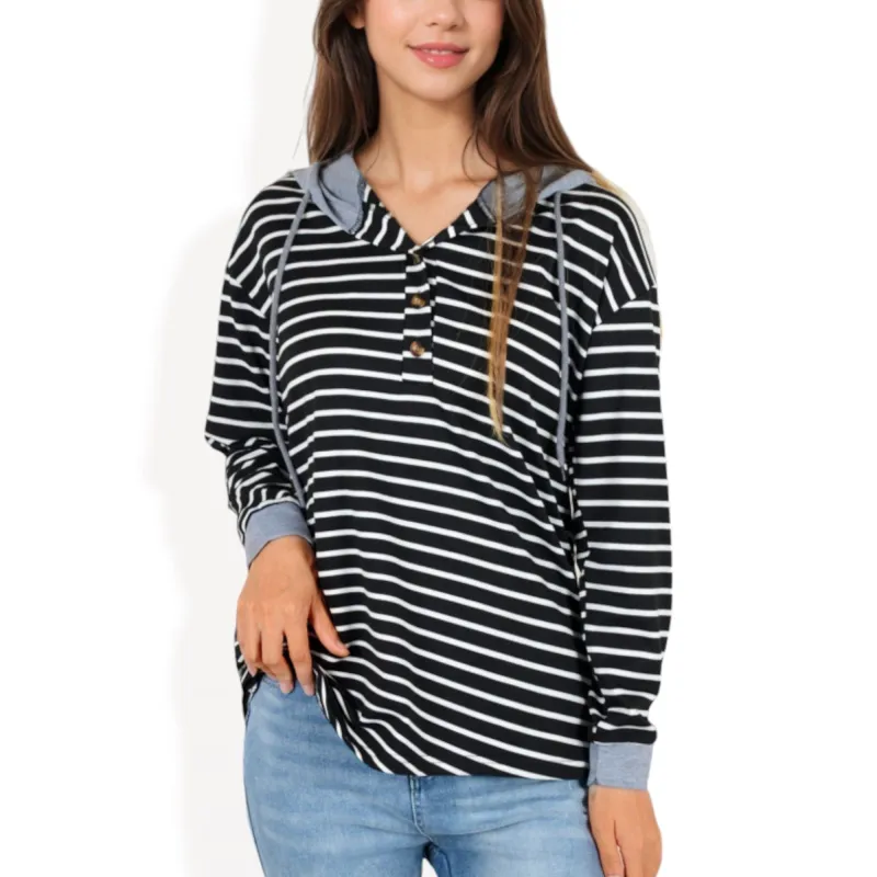 Striped Long Sleeve Hoodie with Button Placket and Contrast Cuffs sold by Anna-Kaci