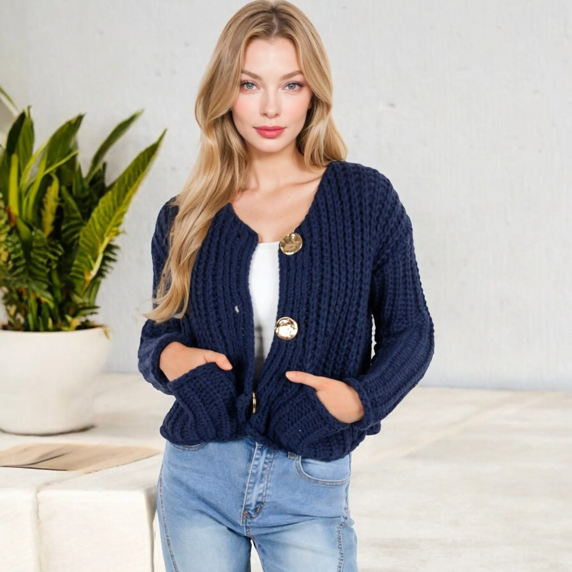 Chunky Knit Cardigan with Statement Button Front and Deep Pockets sold by Anna-Kaci product image thumbnail 3