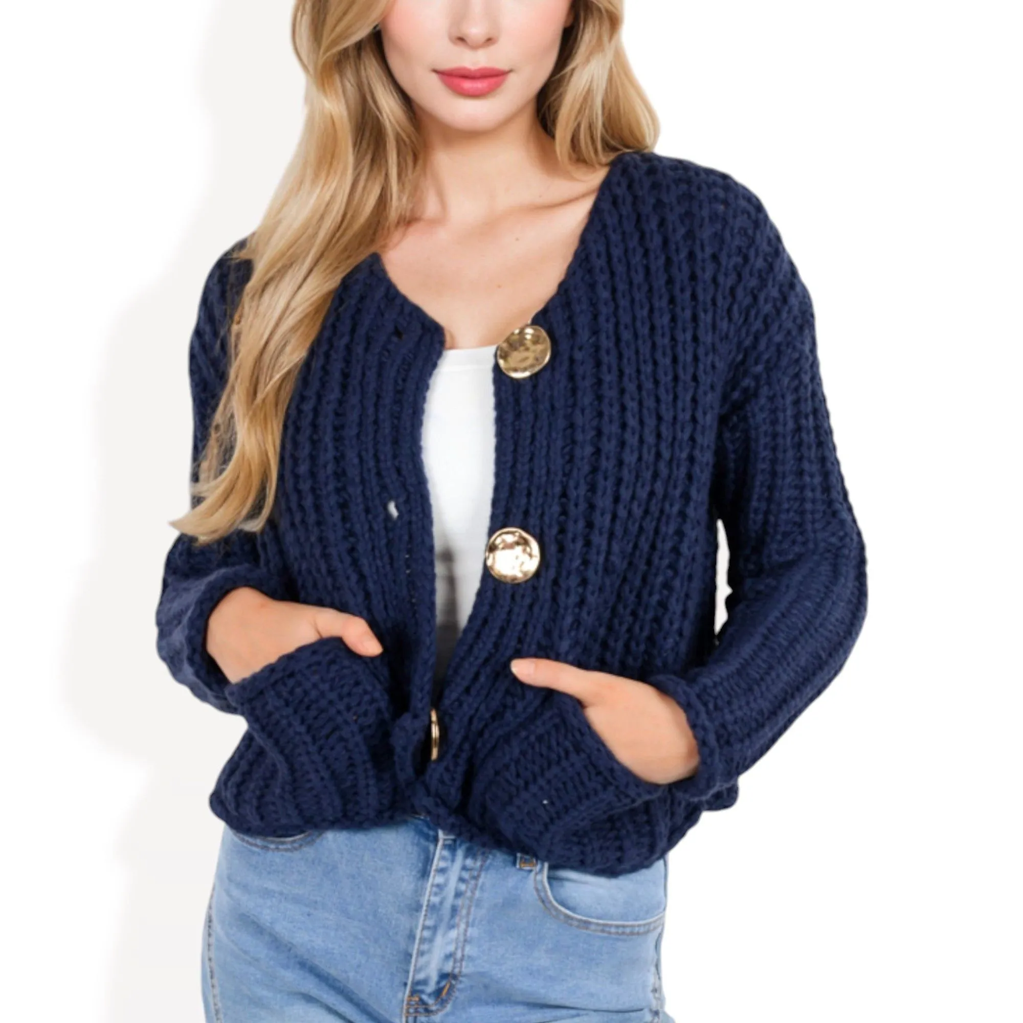 Chunky Knit Cardigan with Statement Button Front and Deep Pockets sold by Anna-Kaci